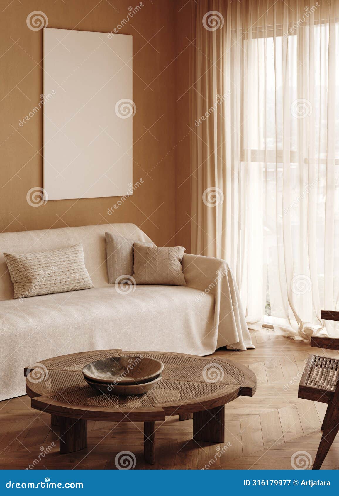 home mockup, living room in japandi style