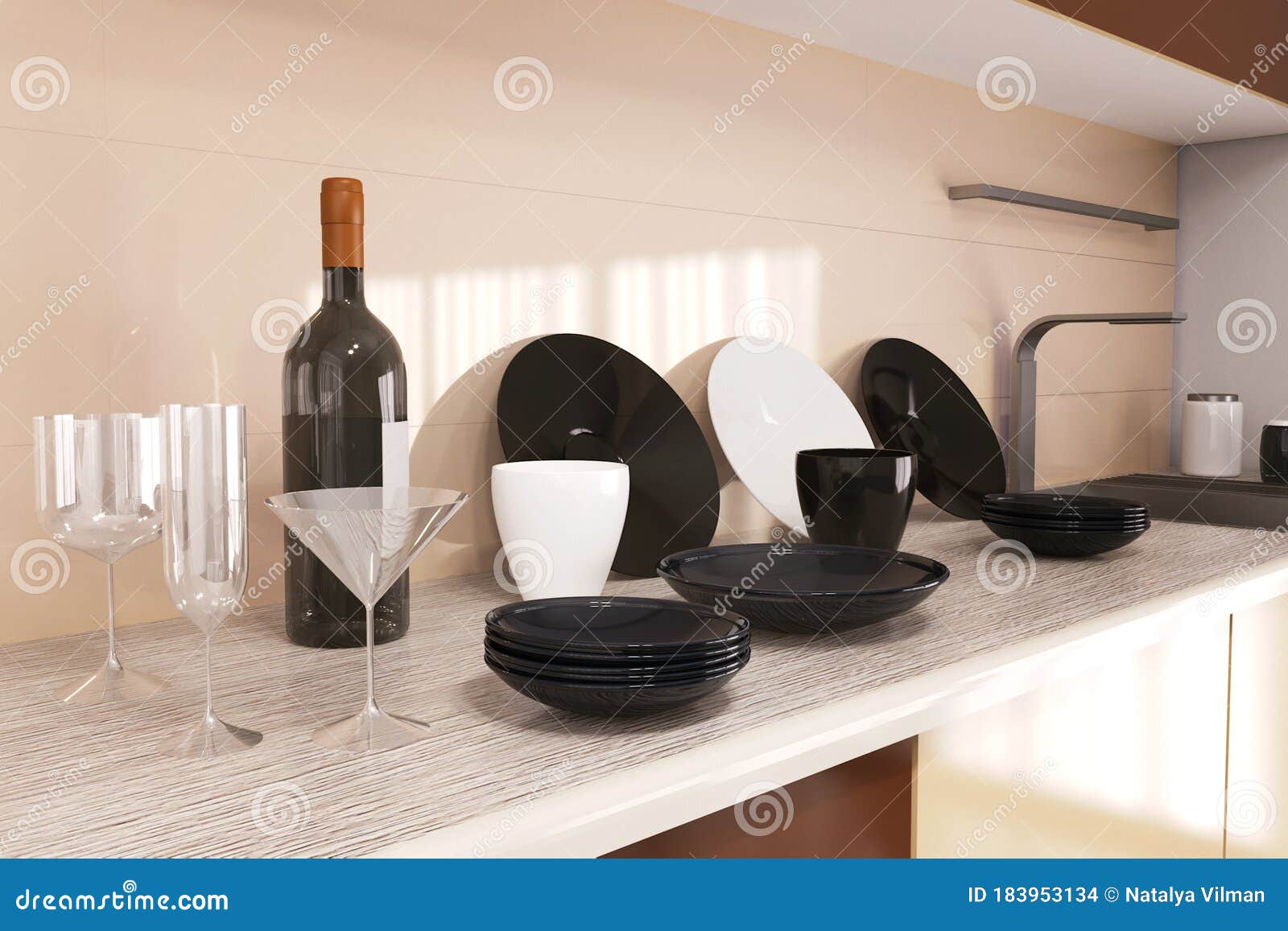 Home Modern Kitchen, Household. a Bottle of Wine, Wine Glasses and