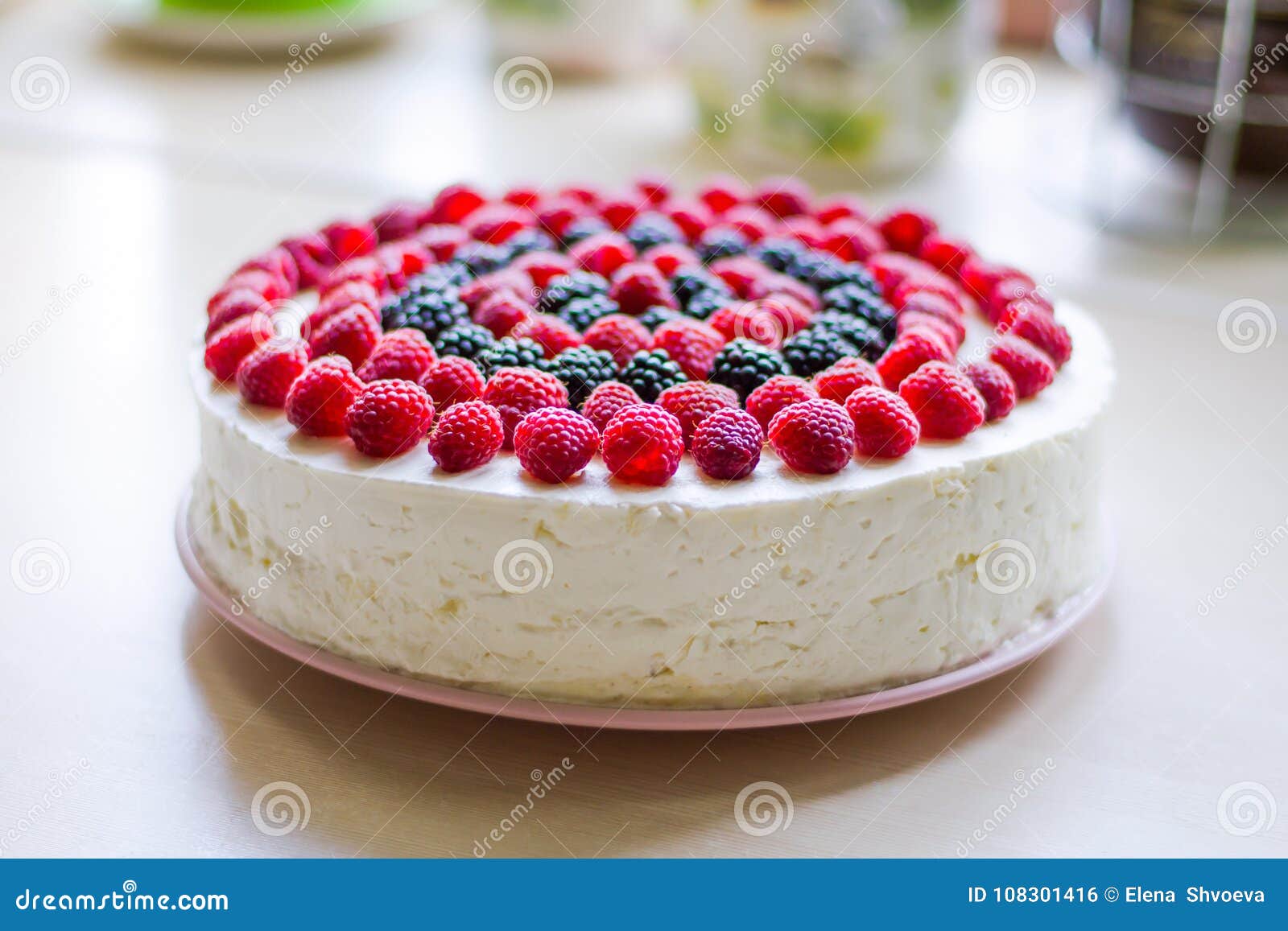 Home Mousse Cake With Cottage Cheese And Jello With Raspberries
