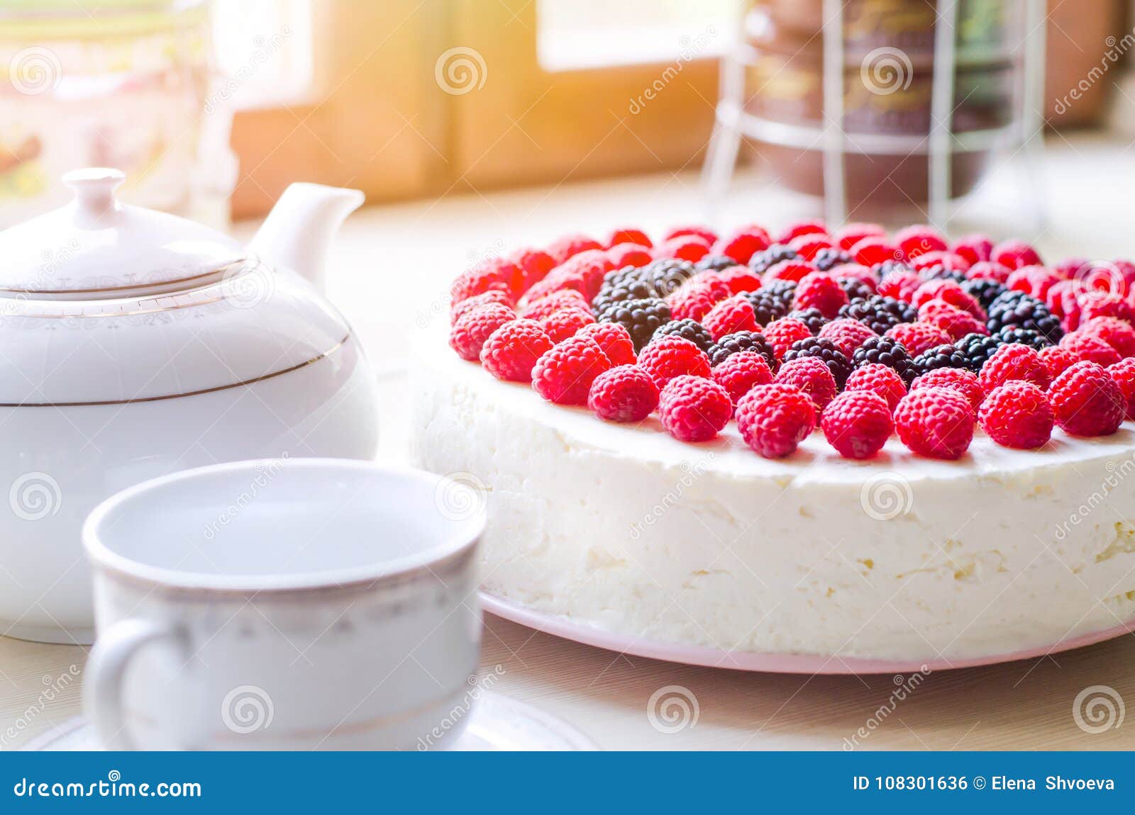 Home Mousse Cake With Cottage Cheese And Jello With Raspberries