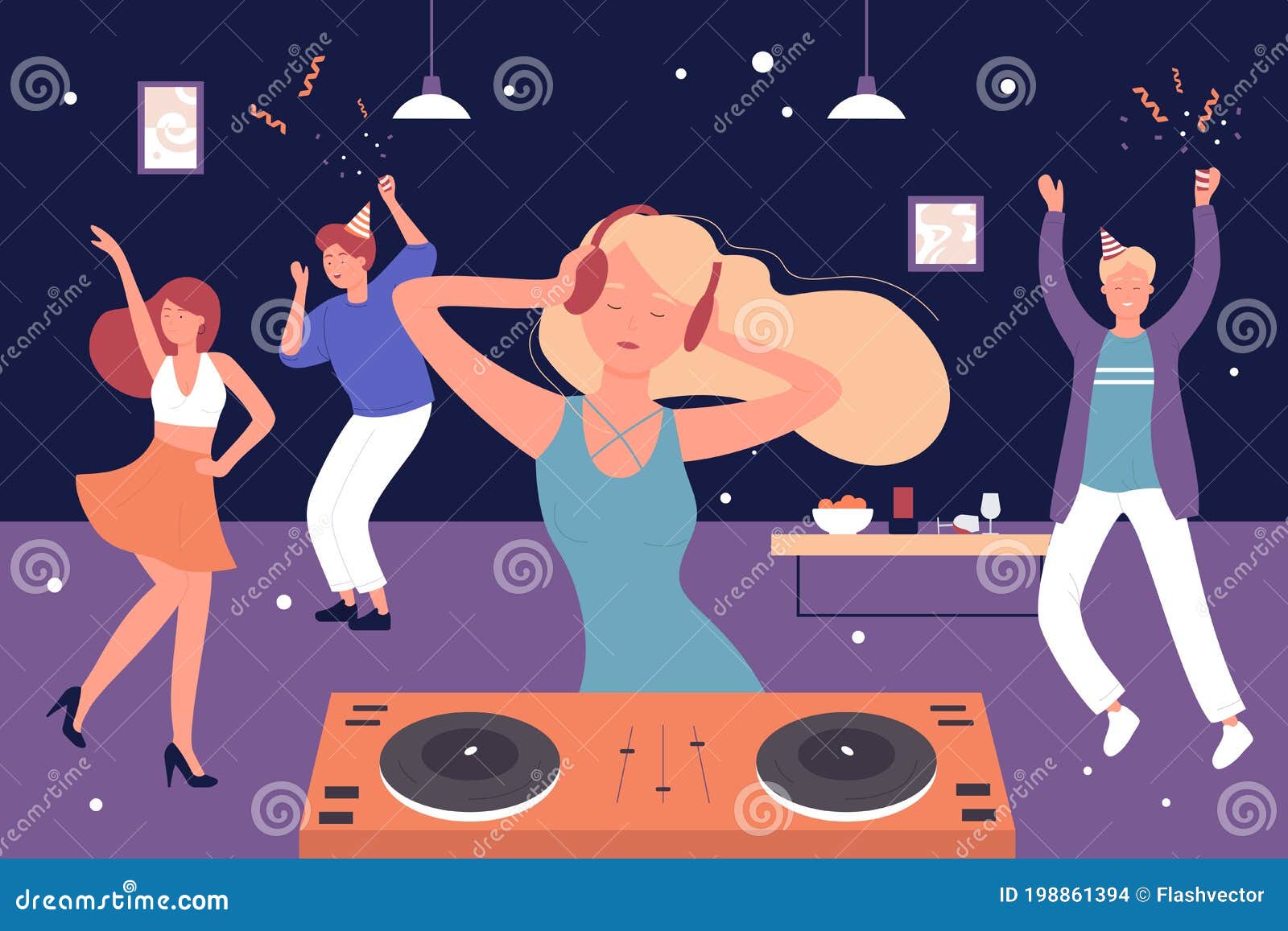 Home Musical Party,cartoon Friends People Listen To DJ Music and Dancing,  Have Fun and Happy Dance Stock Vector - Illustration of gear, home:  198861394