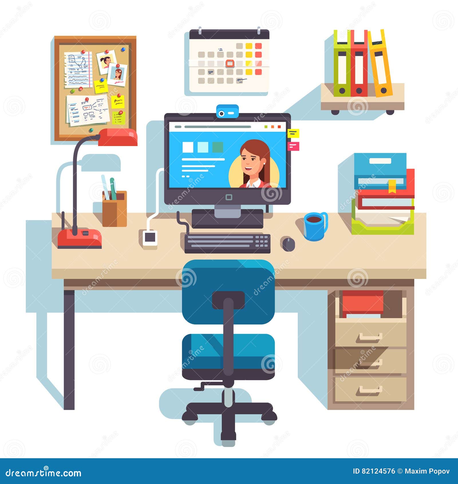 Home Office With A Computer Stock Vector Illustration Of Lamp