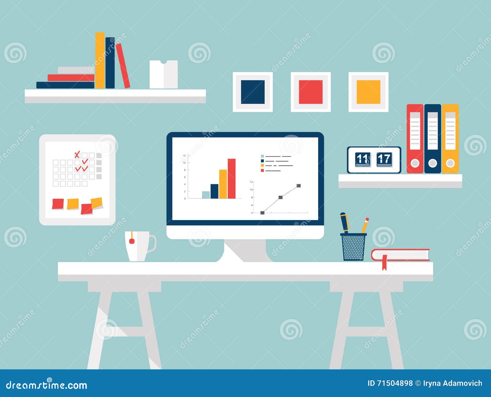 Vector: Home office. Flat design vector illustration of modern home ...