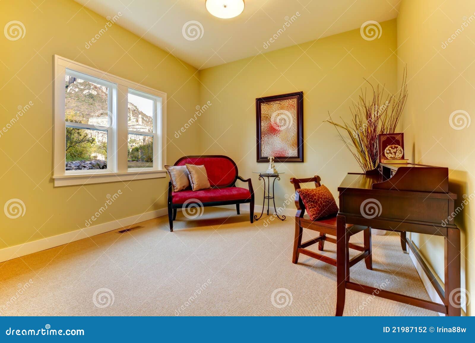 Home office with golden and beige colors. Home office staged with golden and beige.