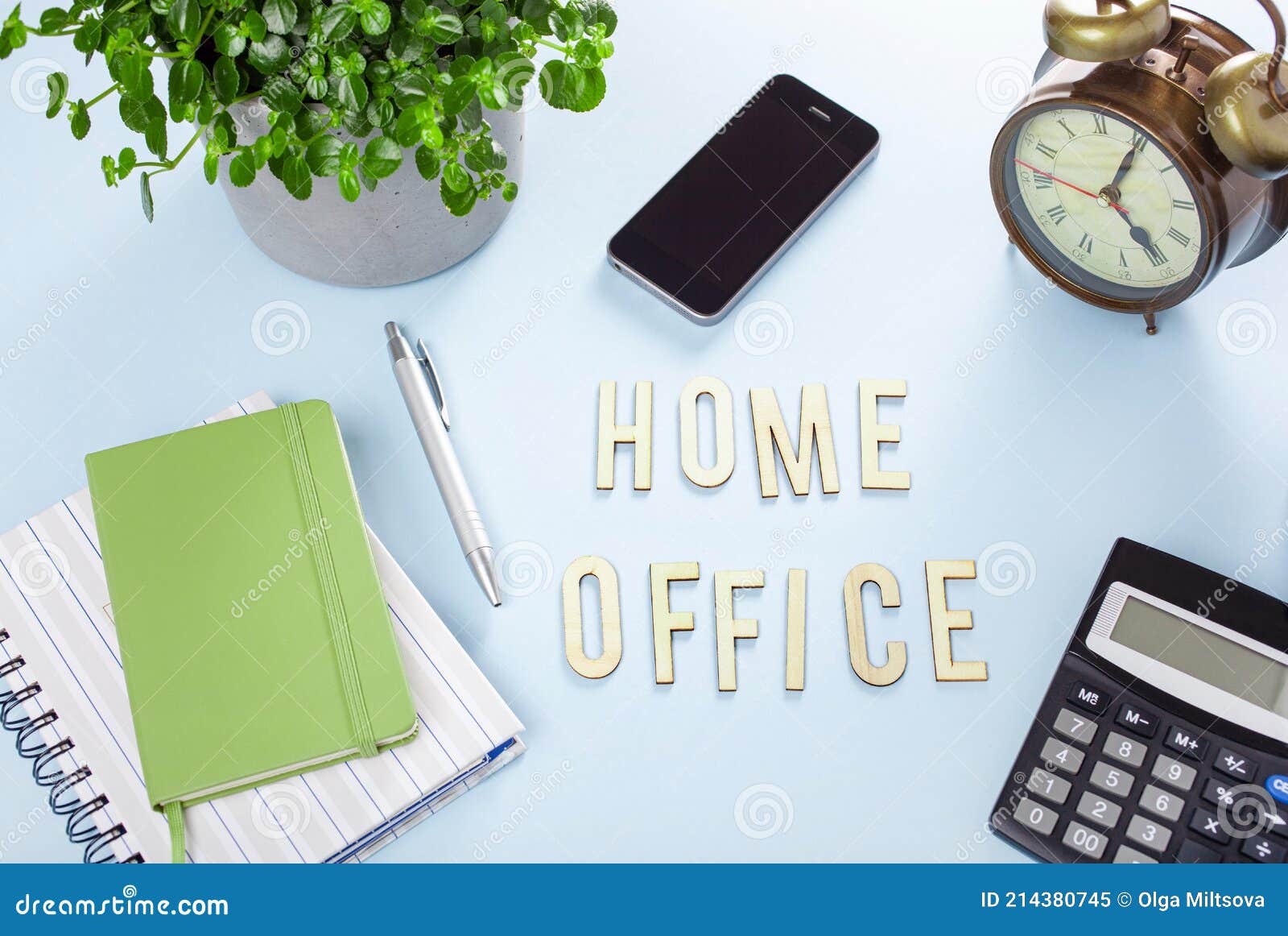 Home Office Text Desk with Smartphone Notebook Houseplants, Working