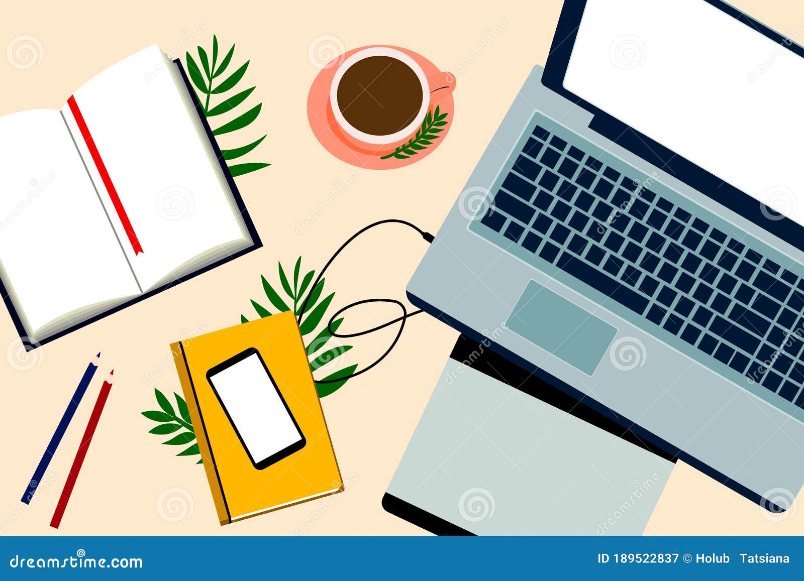 Home Office Vector Illustrations, Desktop with Laptop, Books, Coffee  ,smartphone, Graphic Tablet. Notepad Stock Vector - Illustration of book,  computer: 189522837