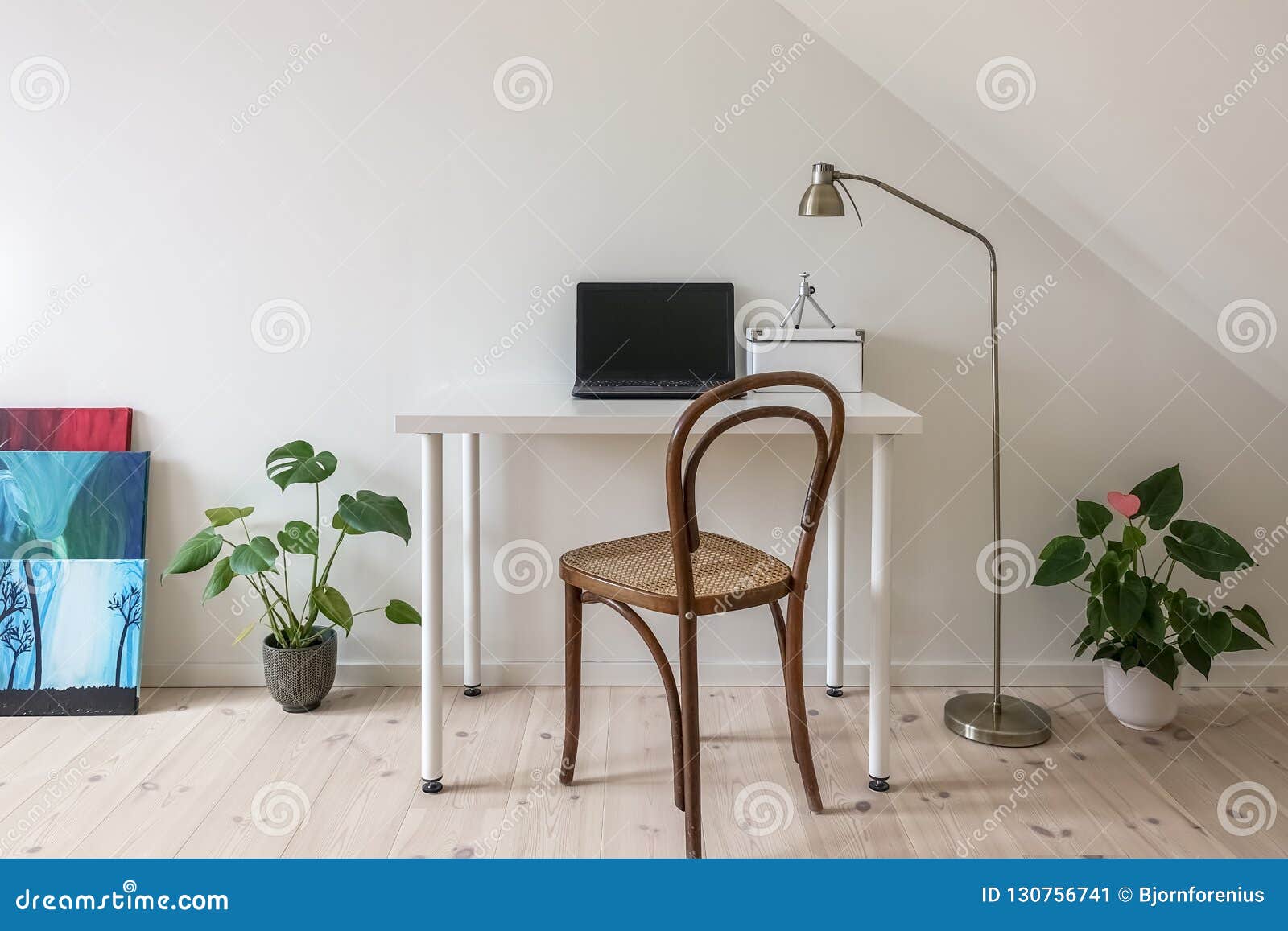 Home Office Vintage Chair At White Desk With Laptop Computer