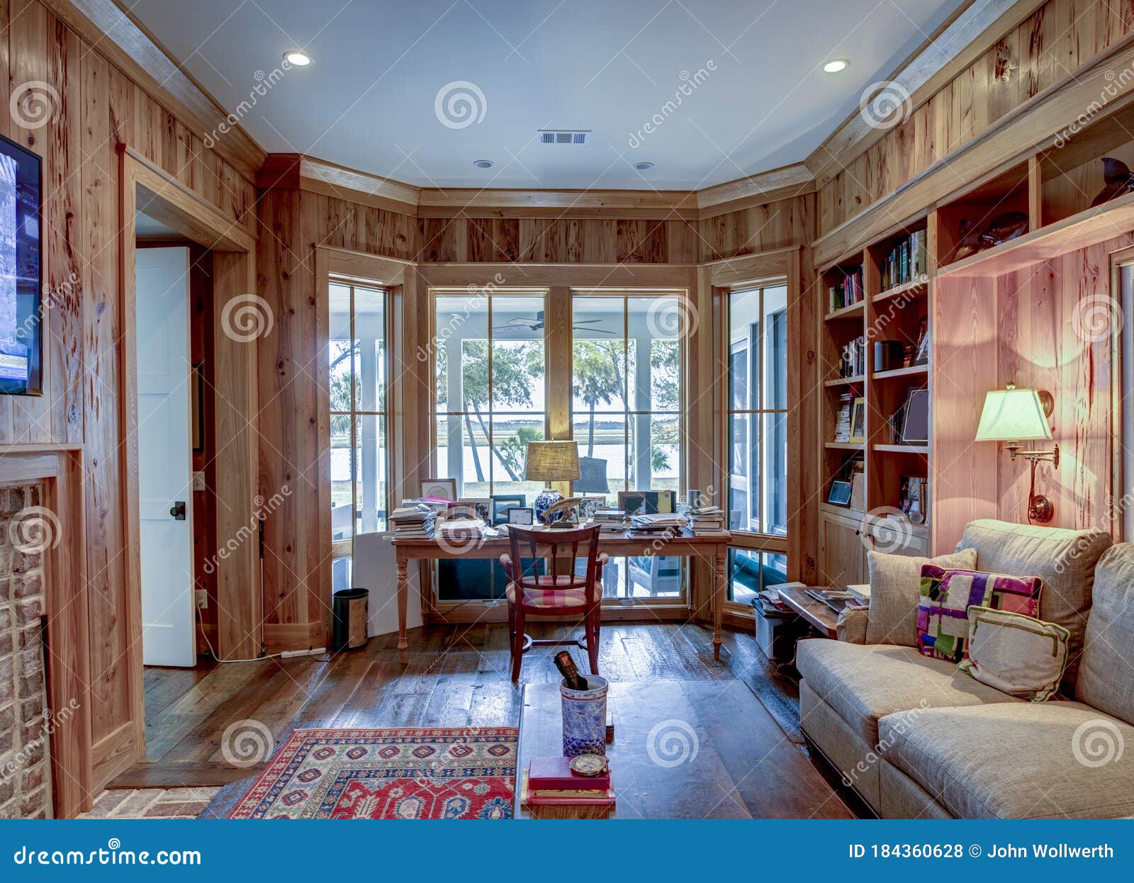 Home Office Workspace in Beautiful Home with View Windows Editorial