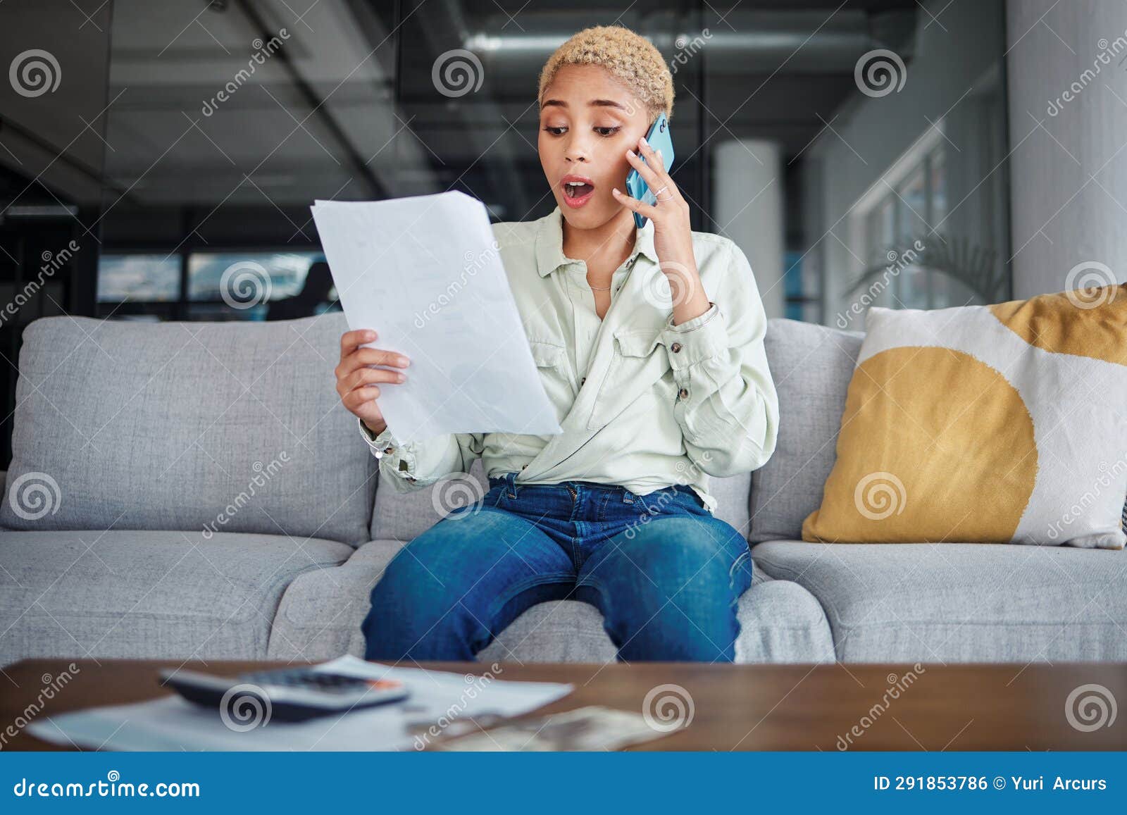 Home, Phone Call and Woman with Documents, Surprise and Connection with