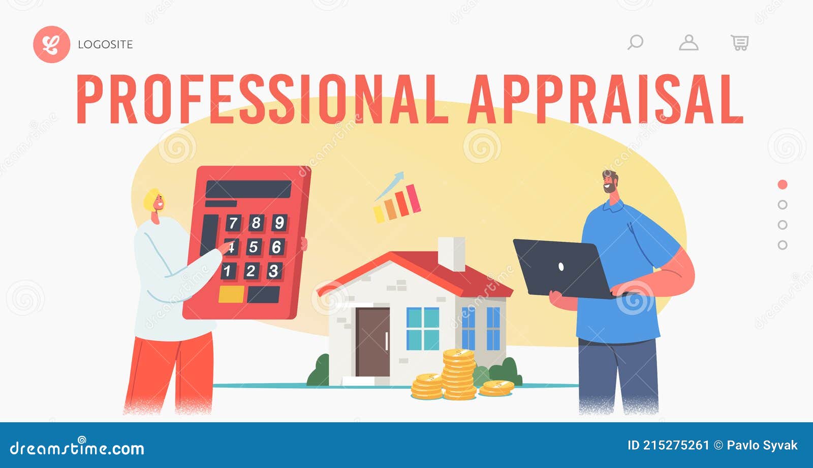home professional appraisal landing page template. tiny appraisers agents characters holding huge calculator and laptop