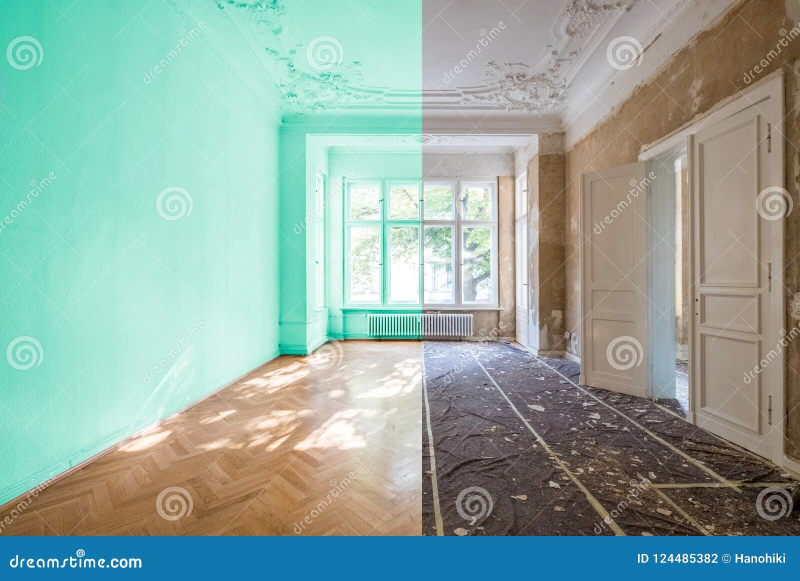 home renovation concept - apartment room before and after restoration or refurbishment