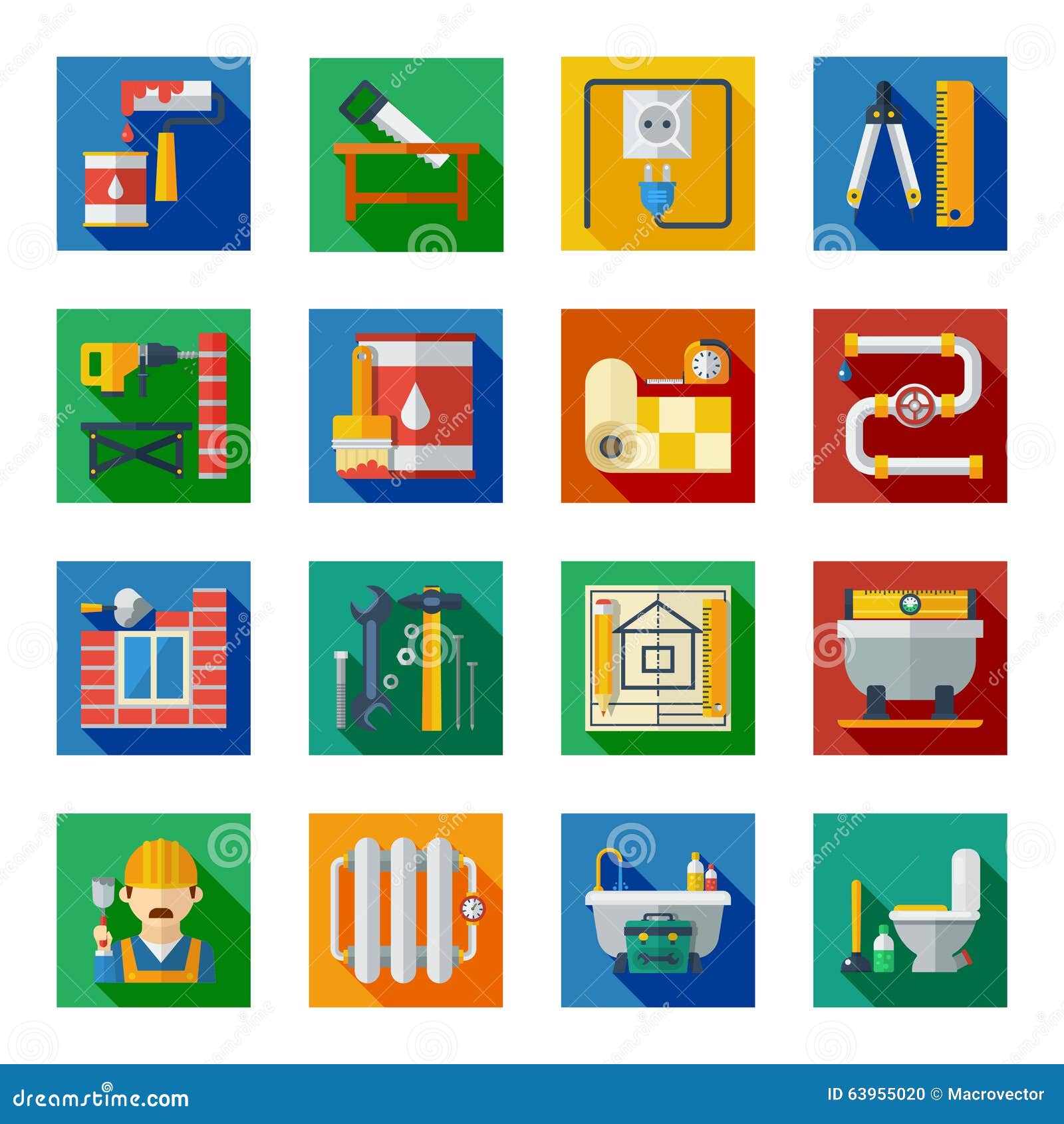 home repair flat square icons set
