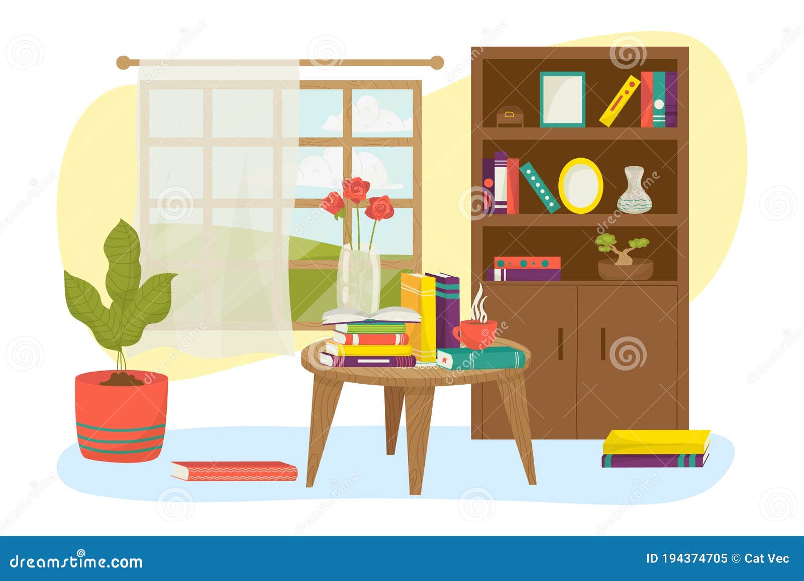 Home Room Interior with Book Furniture Shelf Design Vector Illustration