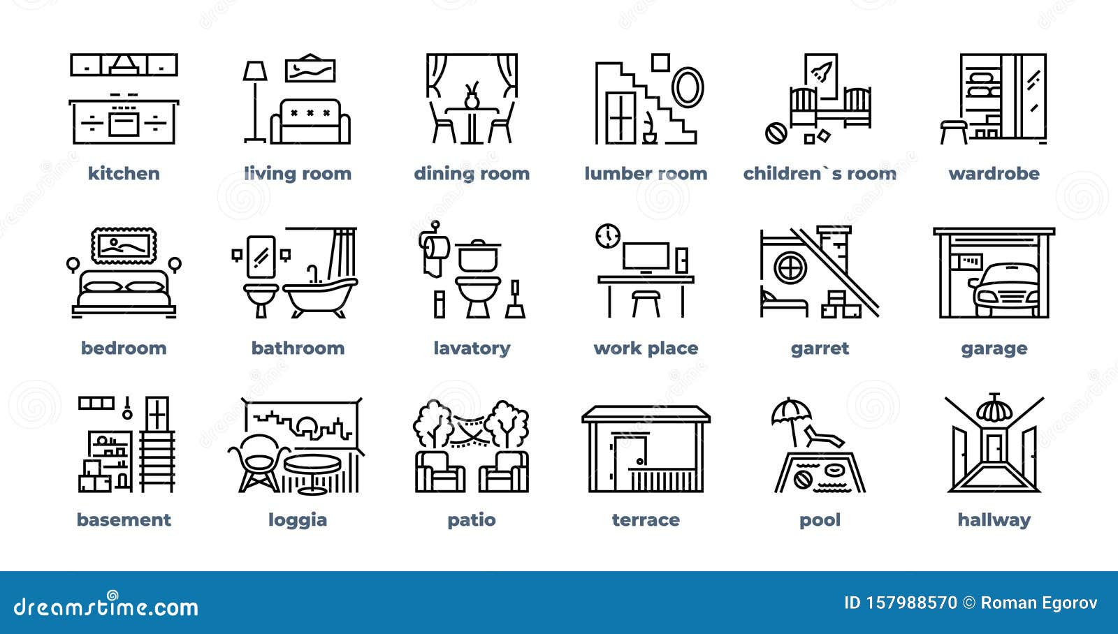 home rooms line icons. living room bedroom kitchen bathroom simple outline pictograms.  home furniture set