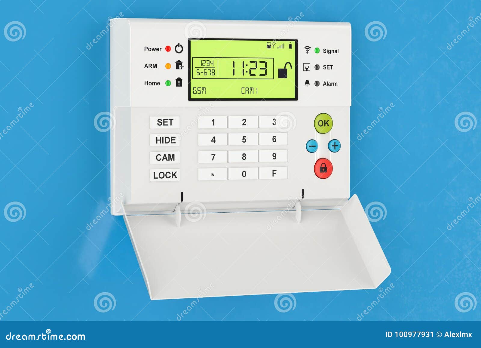 Home Security Alarm System on the Blue Wall, 3D Rendering Stock