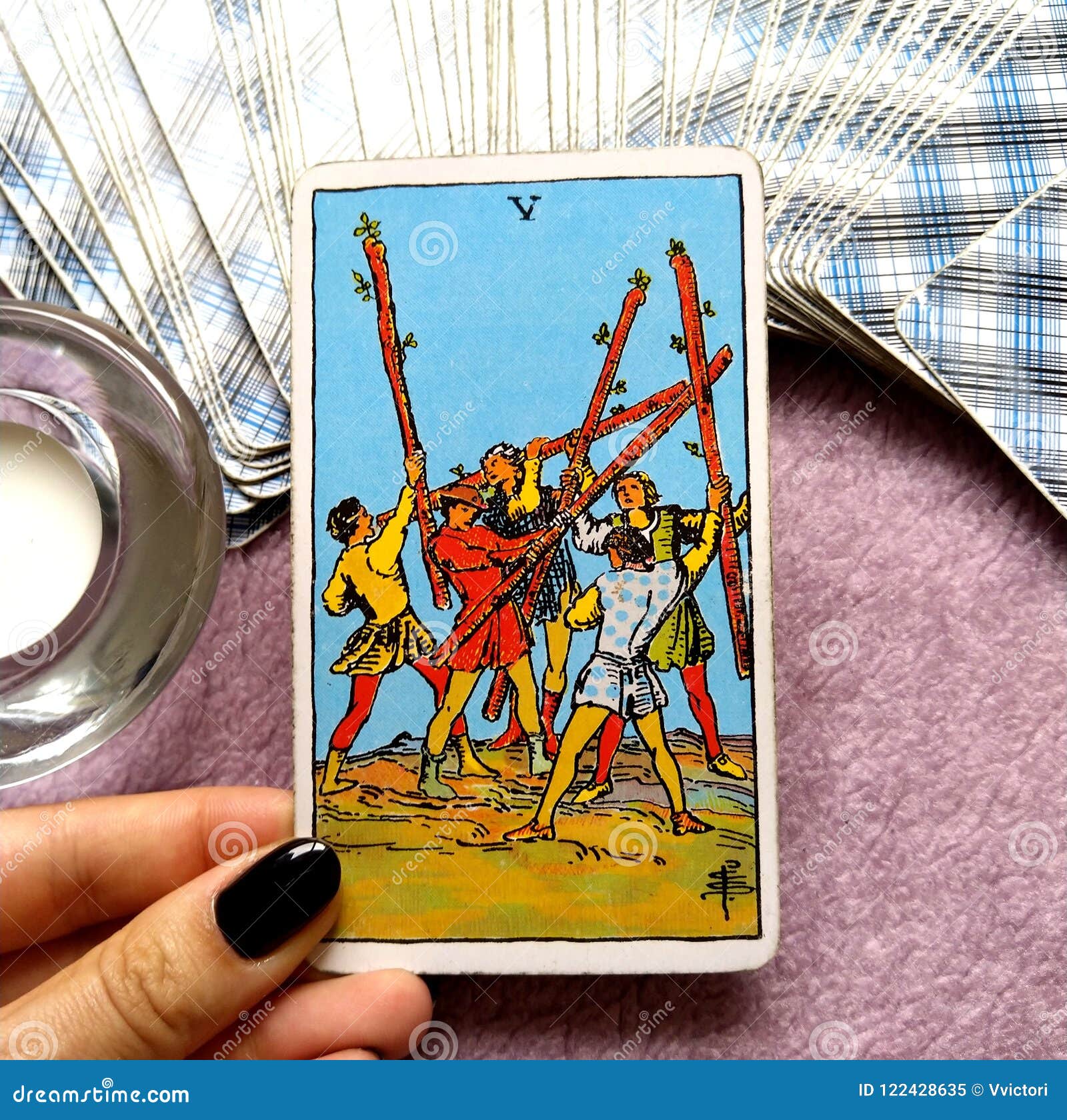 5 five of wands tarot card conflict chaos commotion unruly boisterous struggle inner struggle