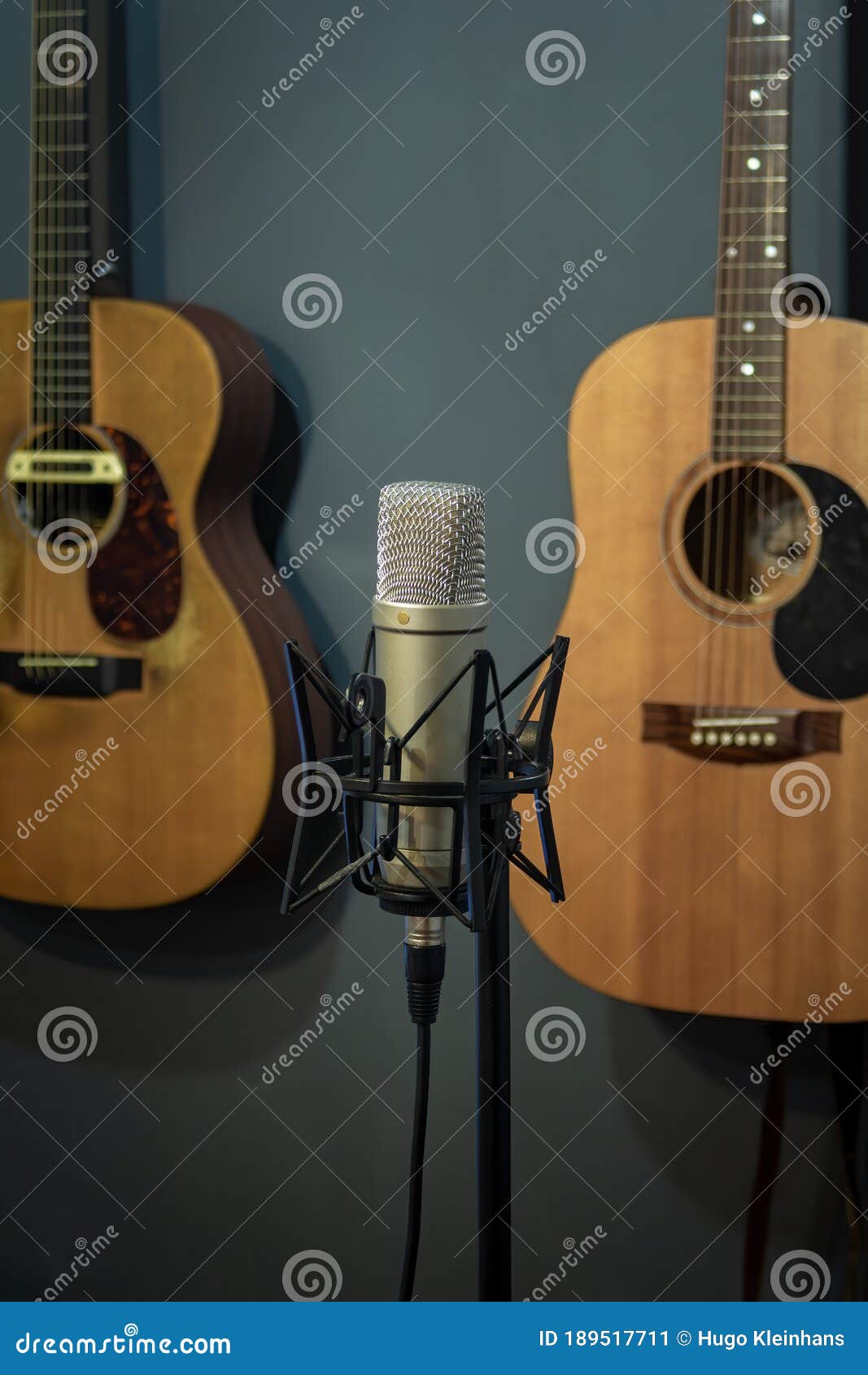 A Home Studio Condenser Microphone In Front Of Guitars. Stock Image