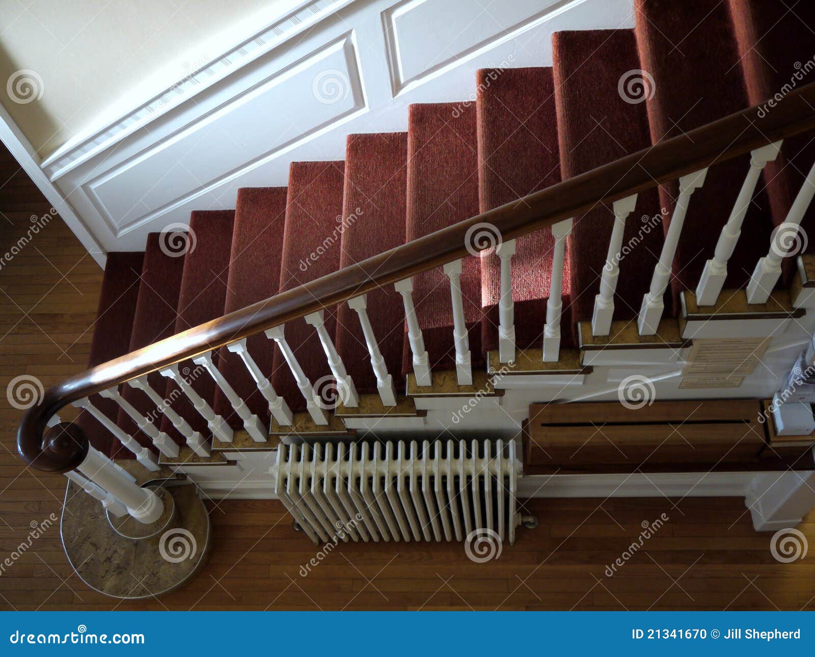 home: sunlit staircase with red carpet