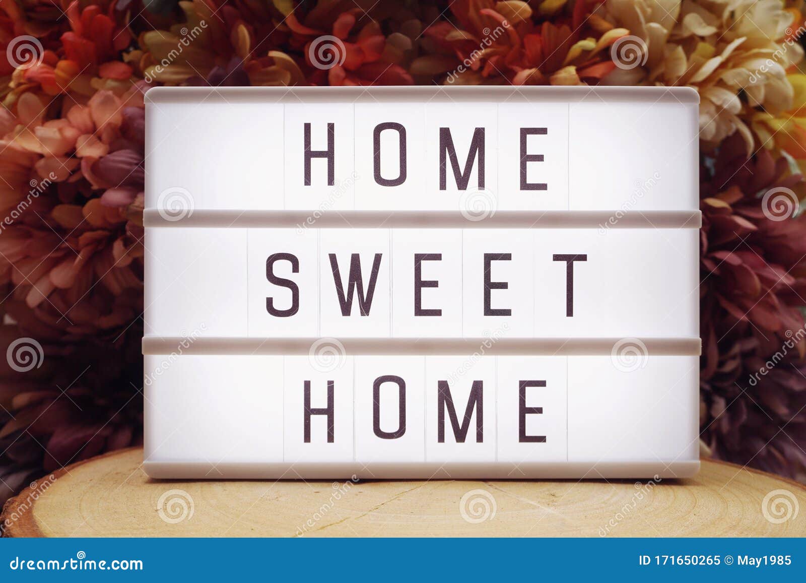 Home Sweet Home Text in Light Box with Colorful Flower Decoration Stock