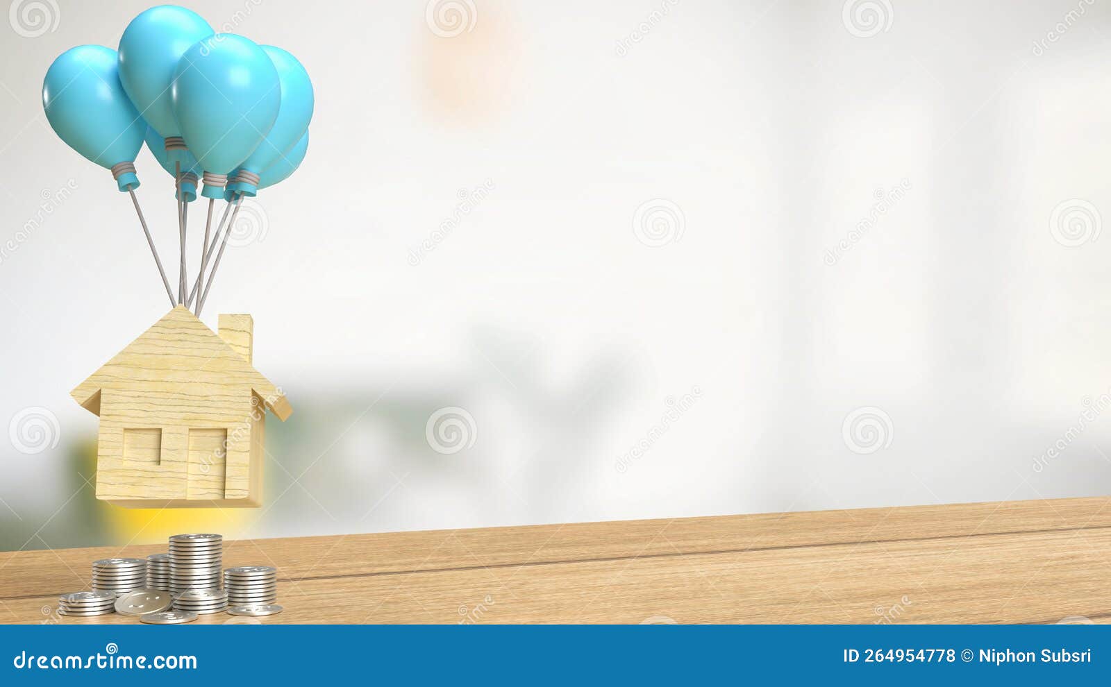 The Home Wood and Blue Balloon for Property Concept 3d Rendering Stock