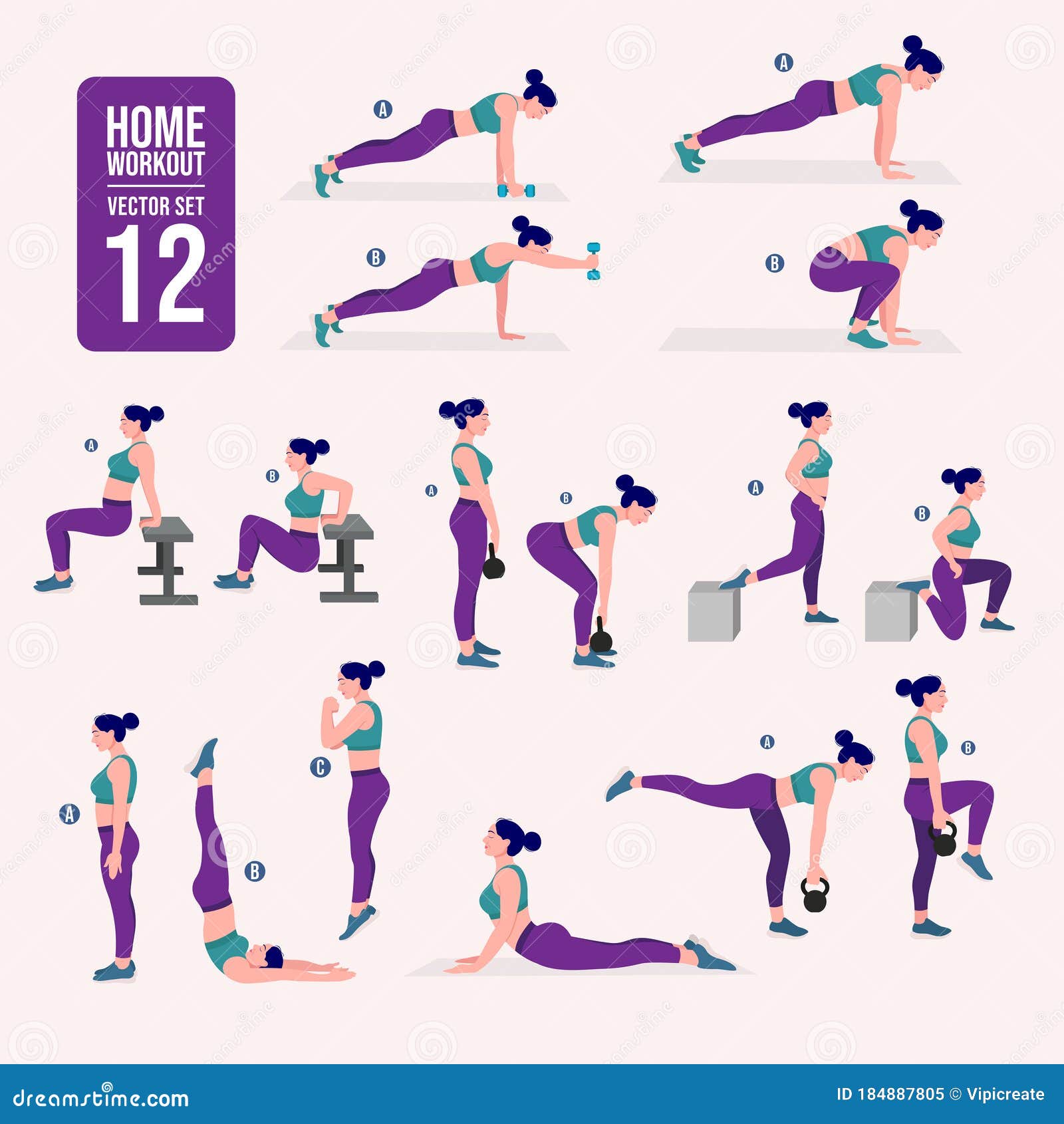 Dakloos Uitscheiden Beperken Home Workout Set. Reeks Sportoefeningen. Oefeningen Met Vrije Weging Van  Een Actieve Levensstijl. Een Vrouw Die Fitness Doet En Vector Illustratie -  Illustration of spier, vlak: 184887805