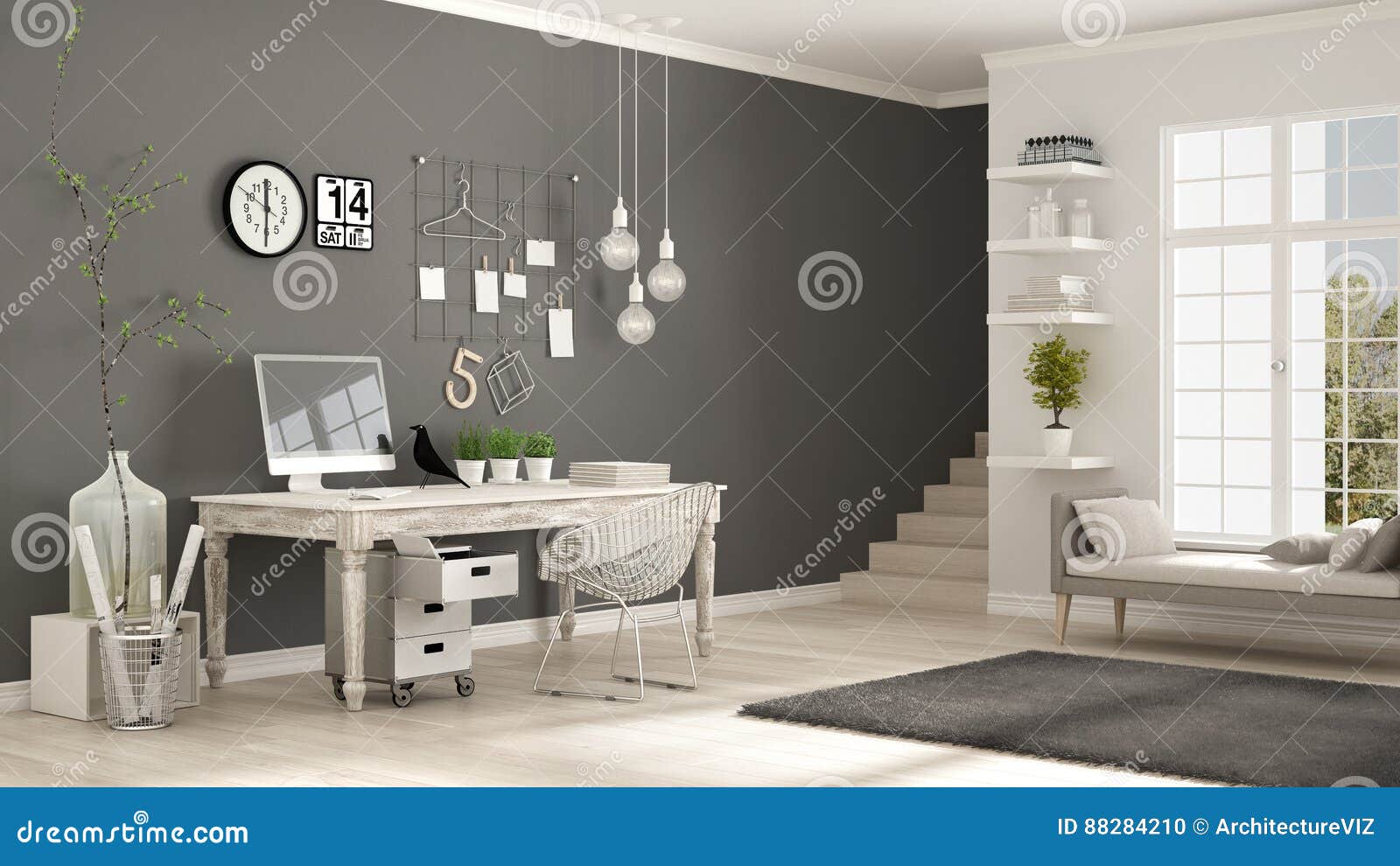 Home Workplace Scandinavian White And Gray Room Corner Office