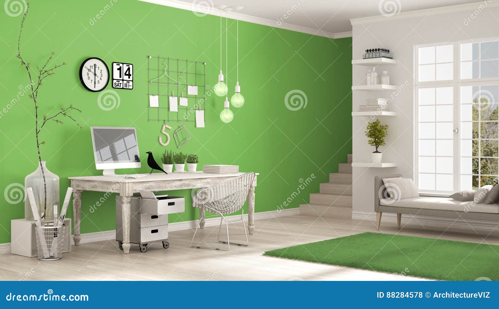 Home Workplace Scandinavian White And Green Room Corner Office