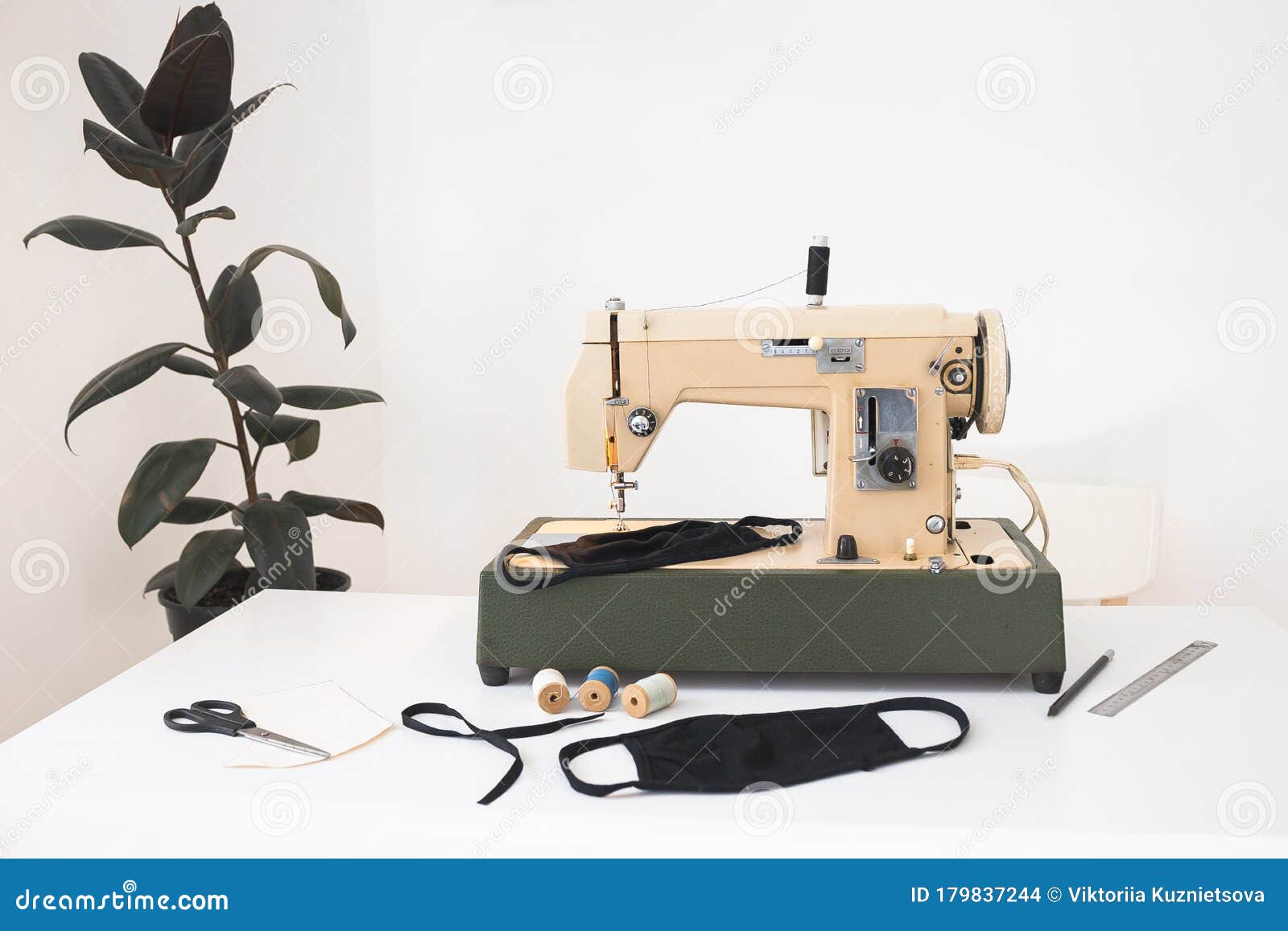 Home Workplace with Sewing Machine, Threads of Sewing Protective