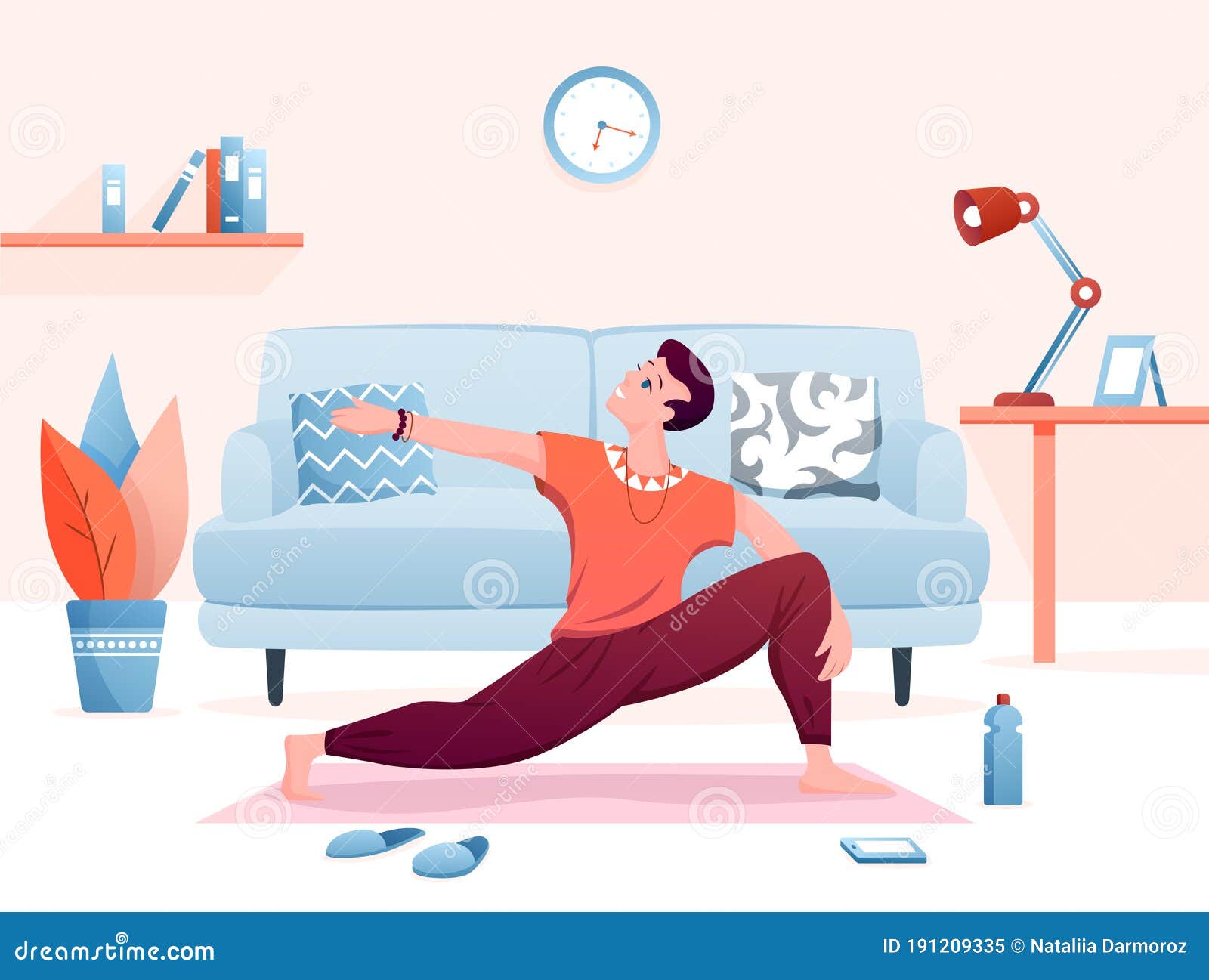 Home Yoga Practice Flat Vector Illustration, Cartoon Happy Man ...