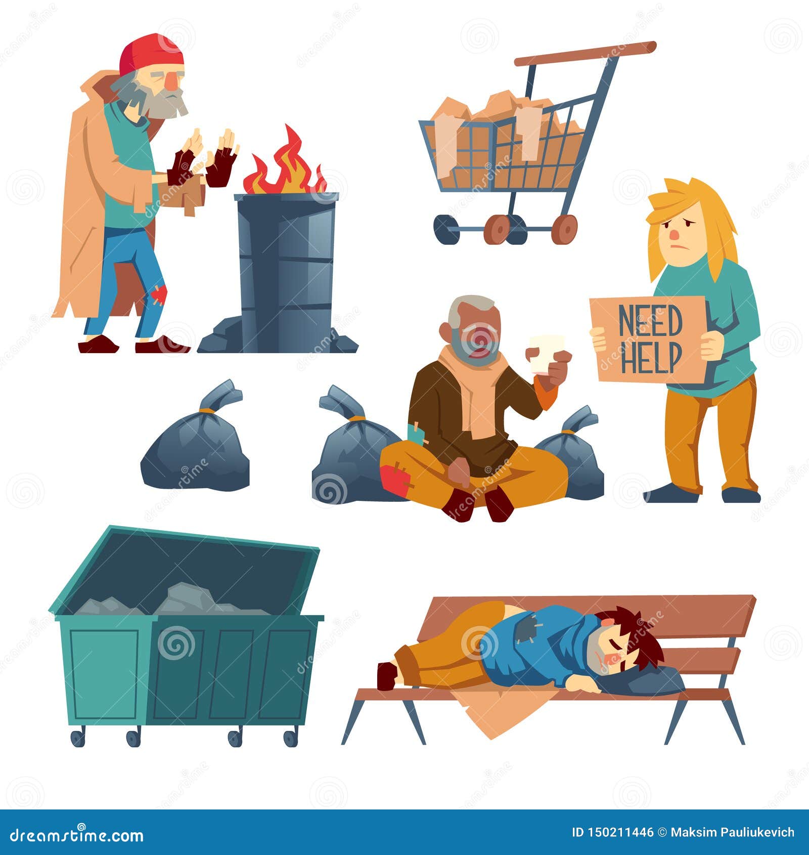 Homeless Beggars Cartoon Vector Characters Set Stock Vector Illustration Of Fire Poor