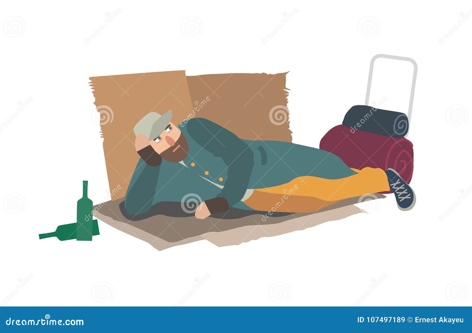 homeless man dressed in ragged clothes lying on cardboard sheets on ground. hobo, bum, tramp or vagabond. person in