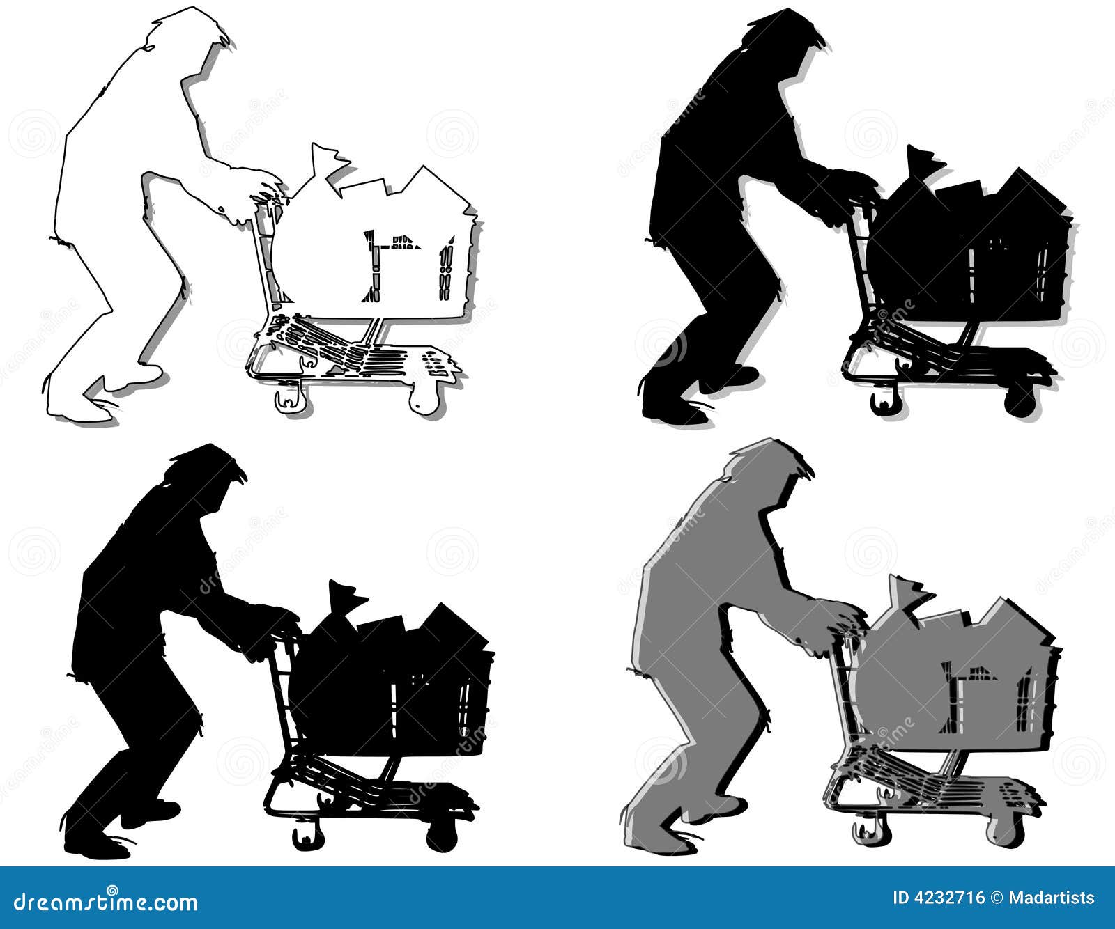 homeless man pushing shopping cart
