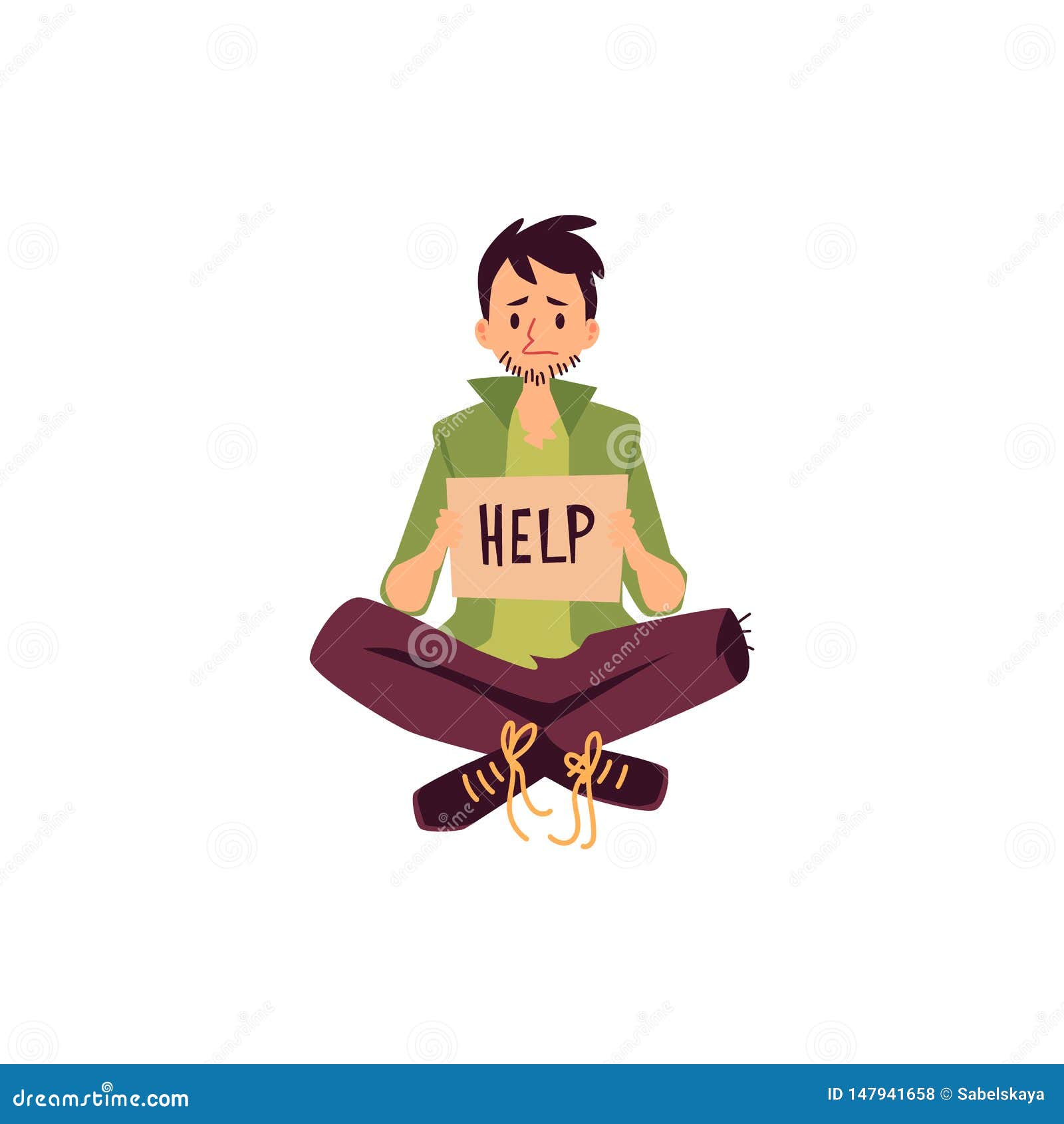 Homeless Man Sitting Legs Crossed and Holding Help Asking Sign Cartoon  Style Stock Vector - Illustration of beggar, character: 147941658