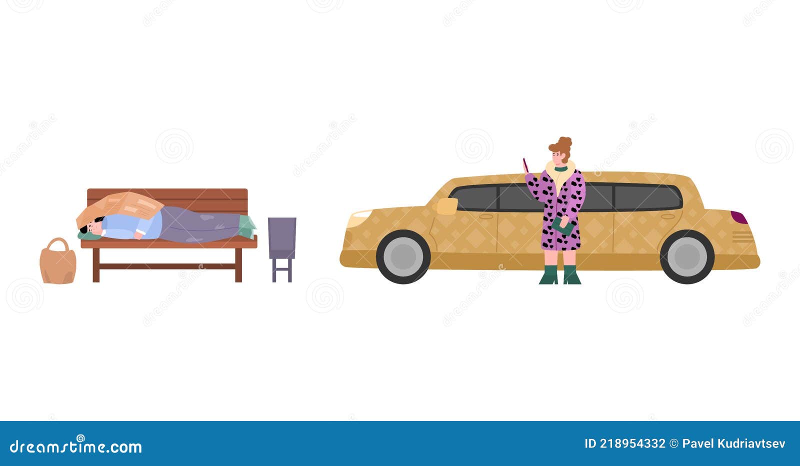 Homeless Poor Man and Rich Woman Getting Out of Car, Flat Vector  Illustration. Stock Vector - Illustration of poverty, people: 218954332
