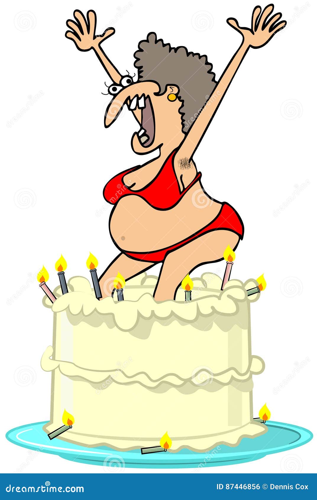 homely girl jumping out of a cake