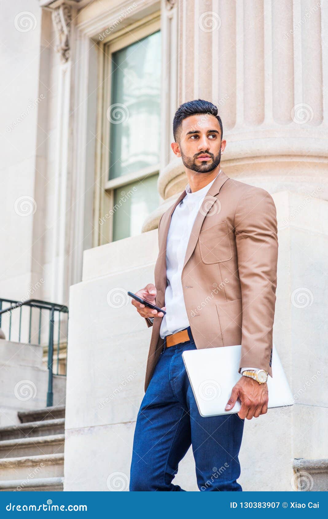 Man Casual Fashion in New York. Young Black Guy with beard, short