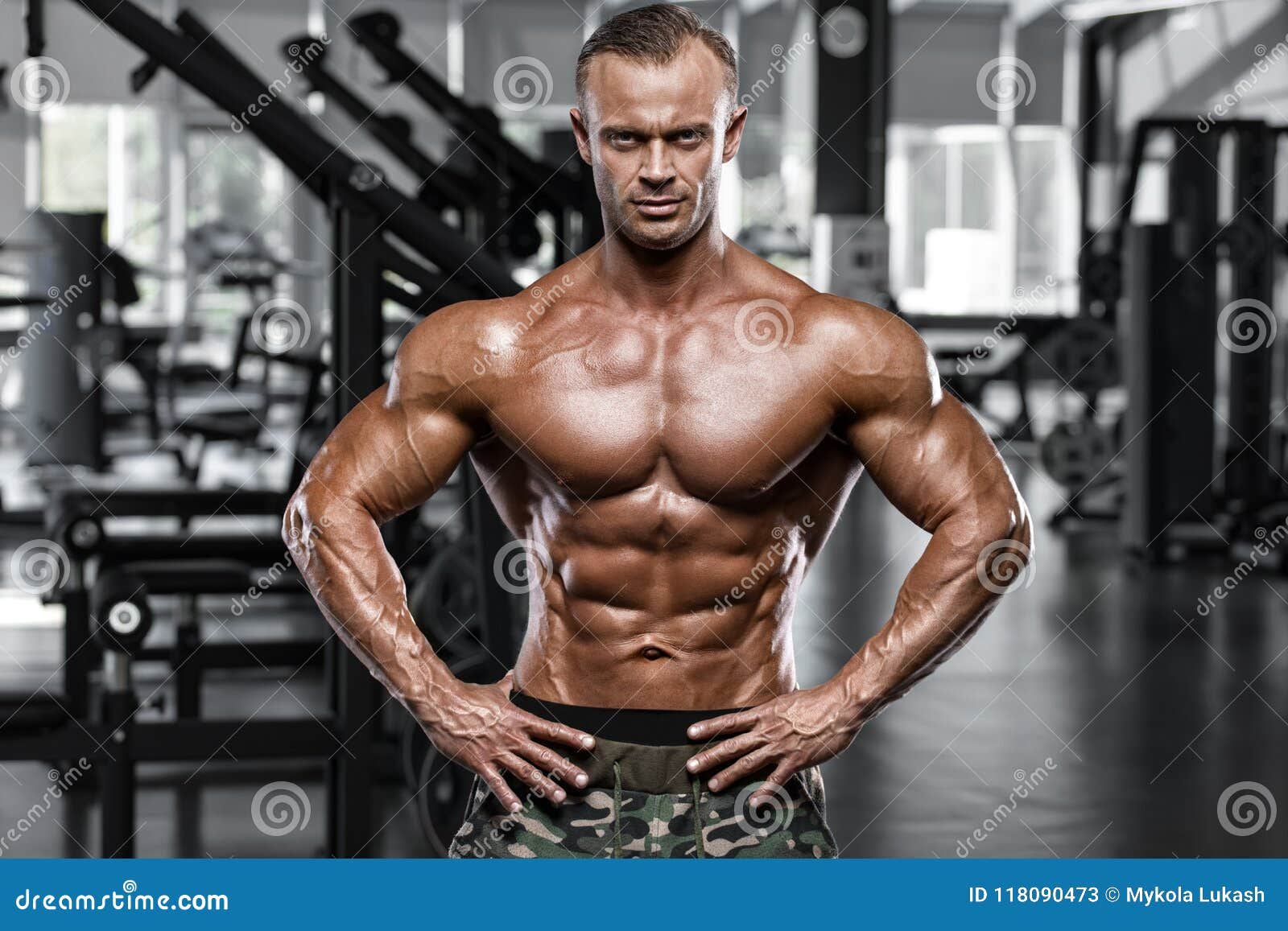 Sporty man posing in gym stock photo. Image of body 
