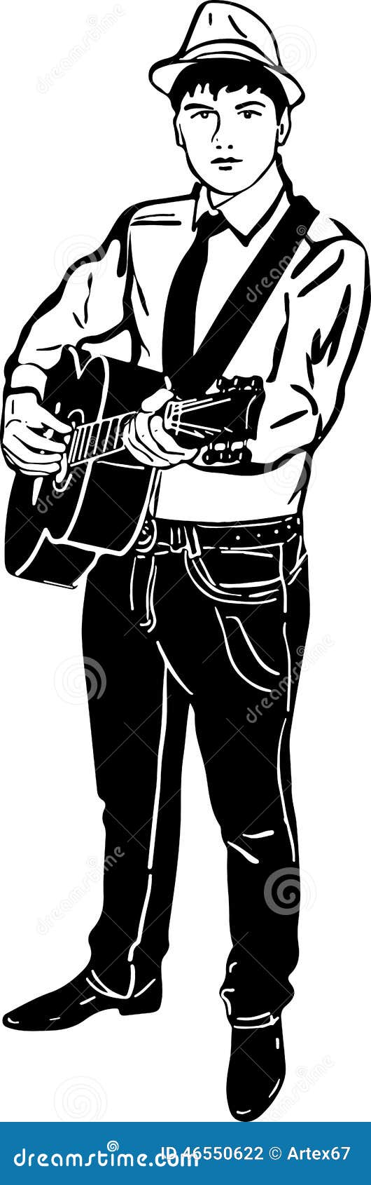 Esboço preto e branco de um homem novo em um jogo do chapéu guitarra