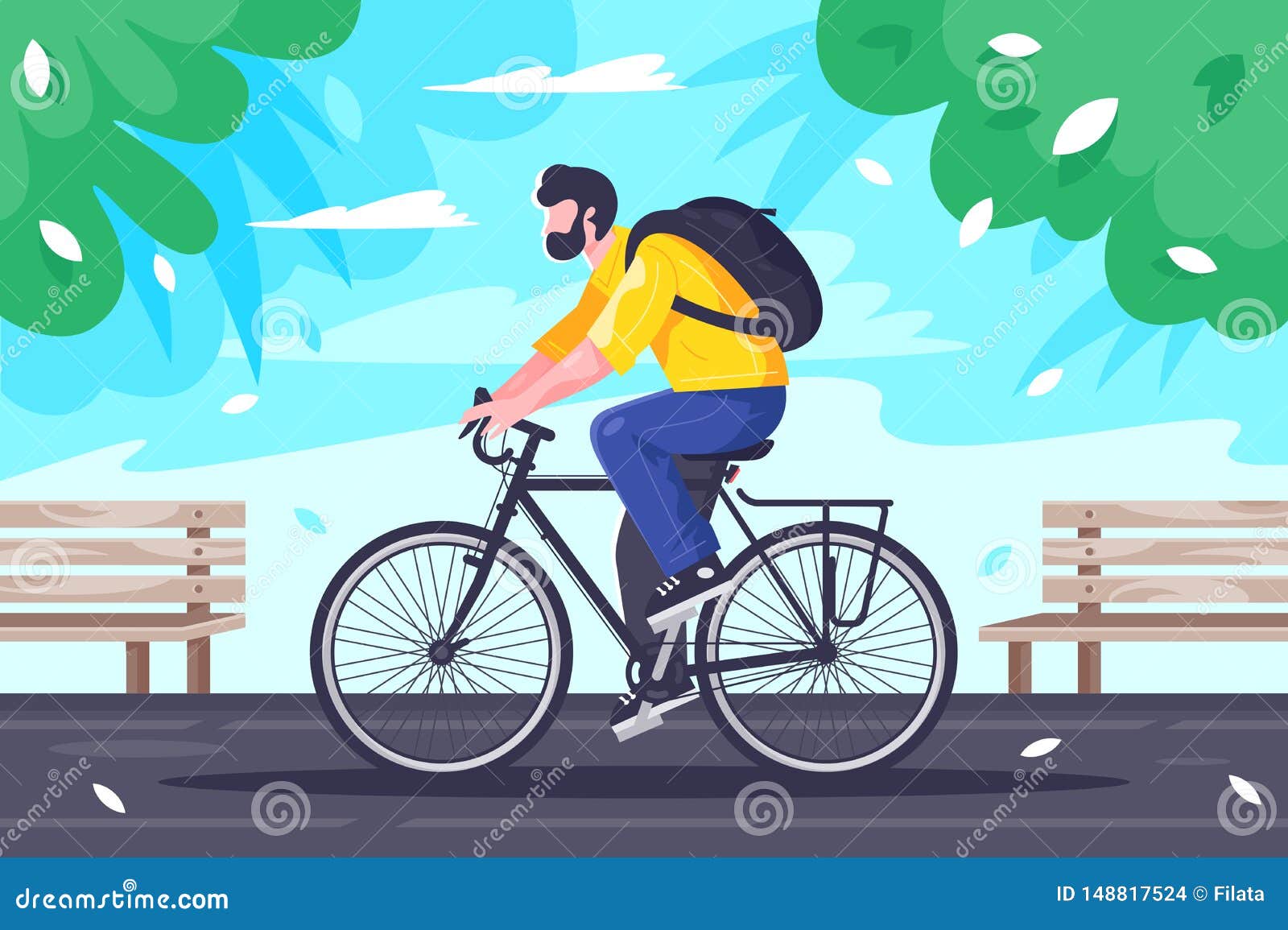 Homem novo liso com passeios da trouxa na ciclagem na estrada. Flat young man with backpack rides on cycling at road. Concept guy character with beard in journey on bike. Vector illustration.