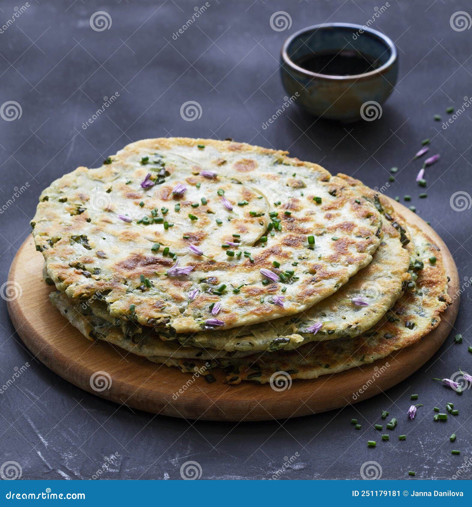 Homemade Appetizing Scallion Pancakes Served with Soy Sauce. Stock