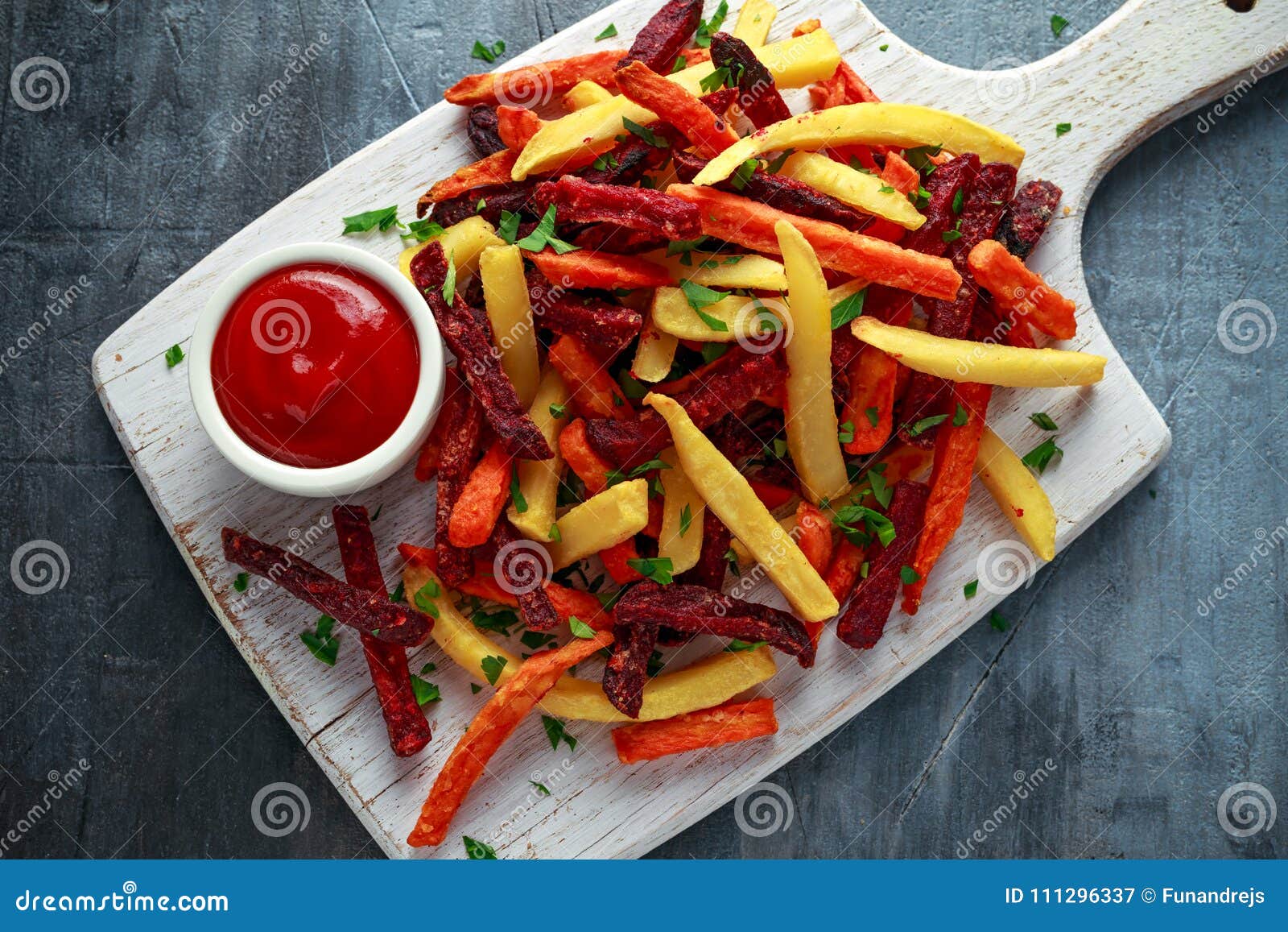 Homemade Baked Mixed Vegetable Fries Beetroot, Carrot and Parsnip with