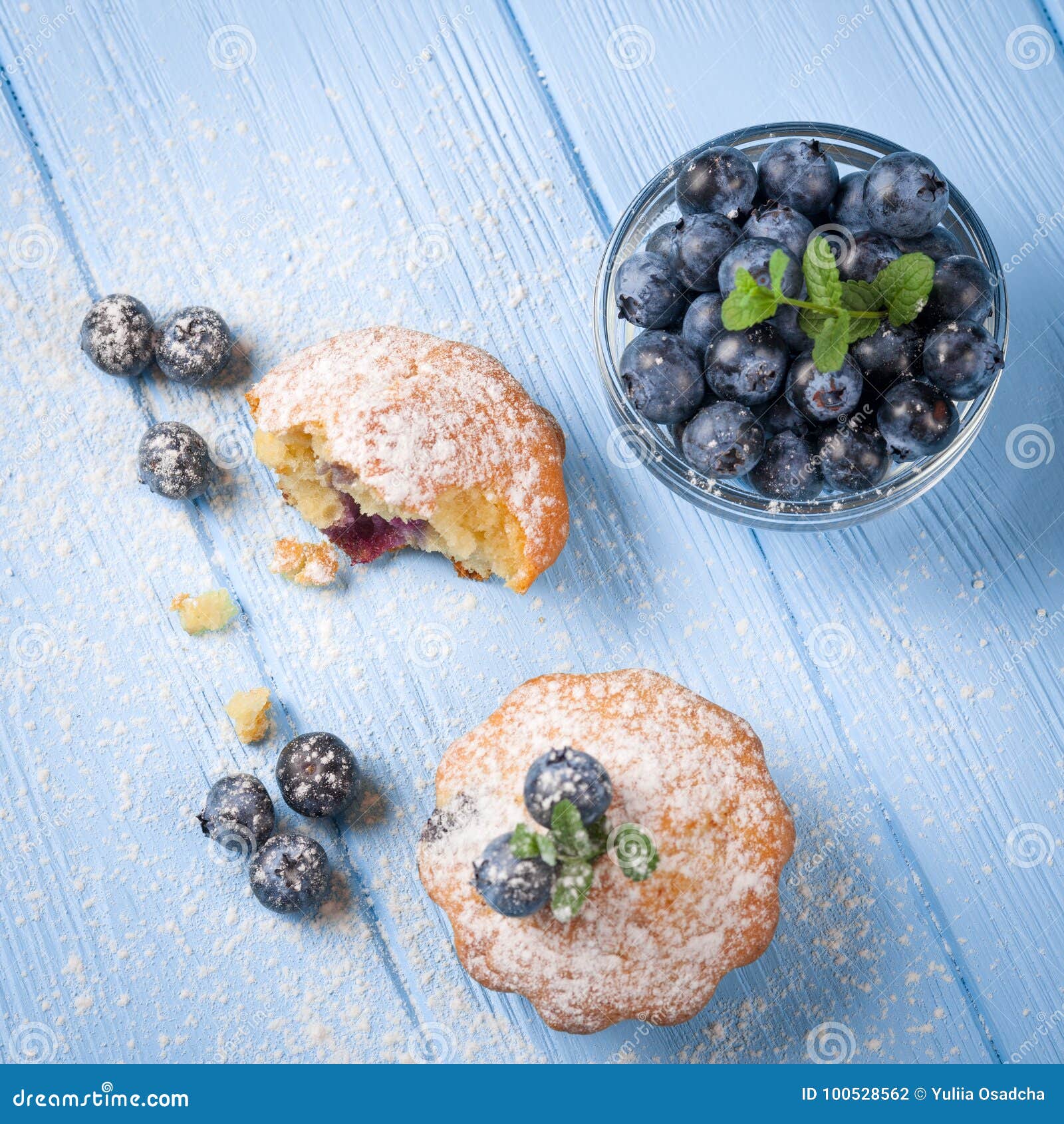 Homemade Baked Muffin with Blueberries, Fresh Berries, Mint, Powdered ...