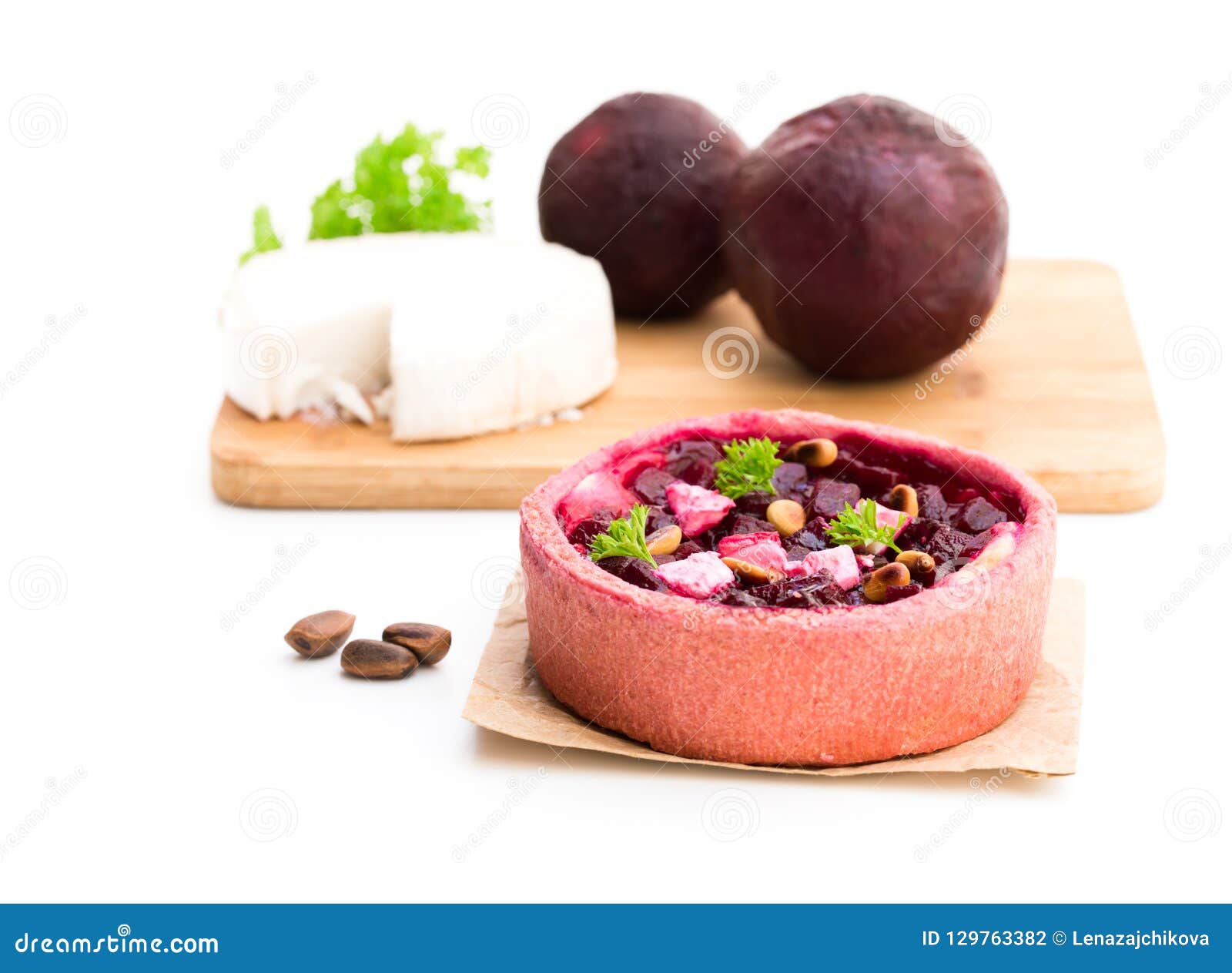 Homemade Balsamic Beetroot and Goat`s Cheese Quiche Isolated on Stock