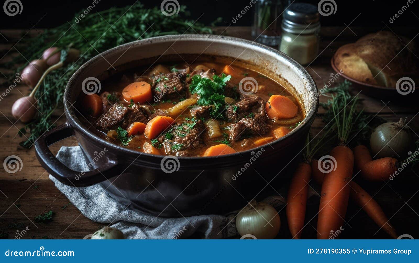 Homemade Beef Stew Cooked in Rustic Crockery Generated by AI Stock