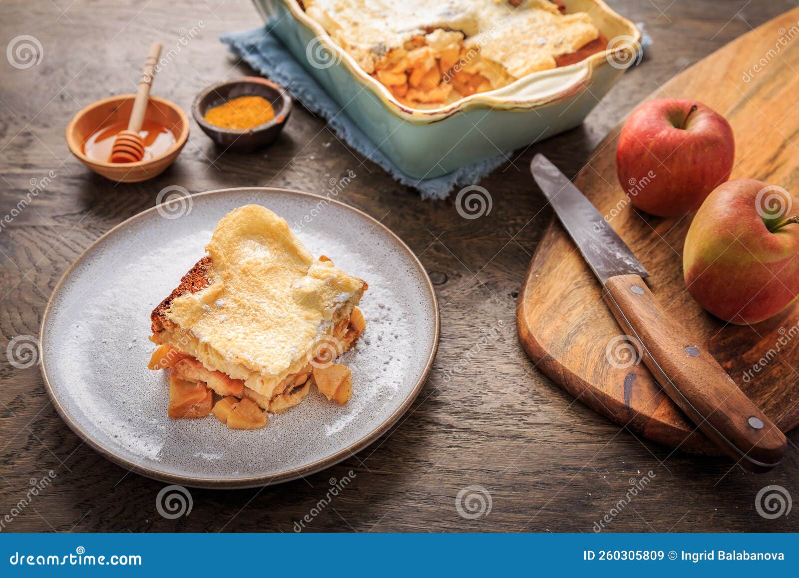 Homemade Bread Pudding Breakfast Casserole with Apples and Cinnamon