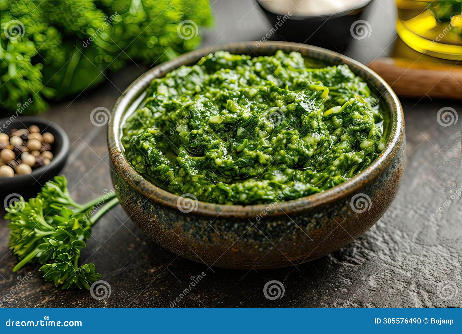 homemade broccoli rabe pesto in a vntage bowl. ai generated