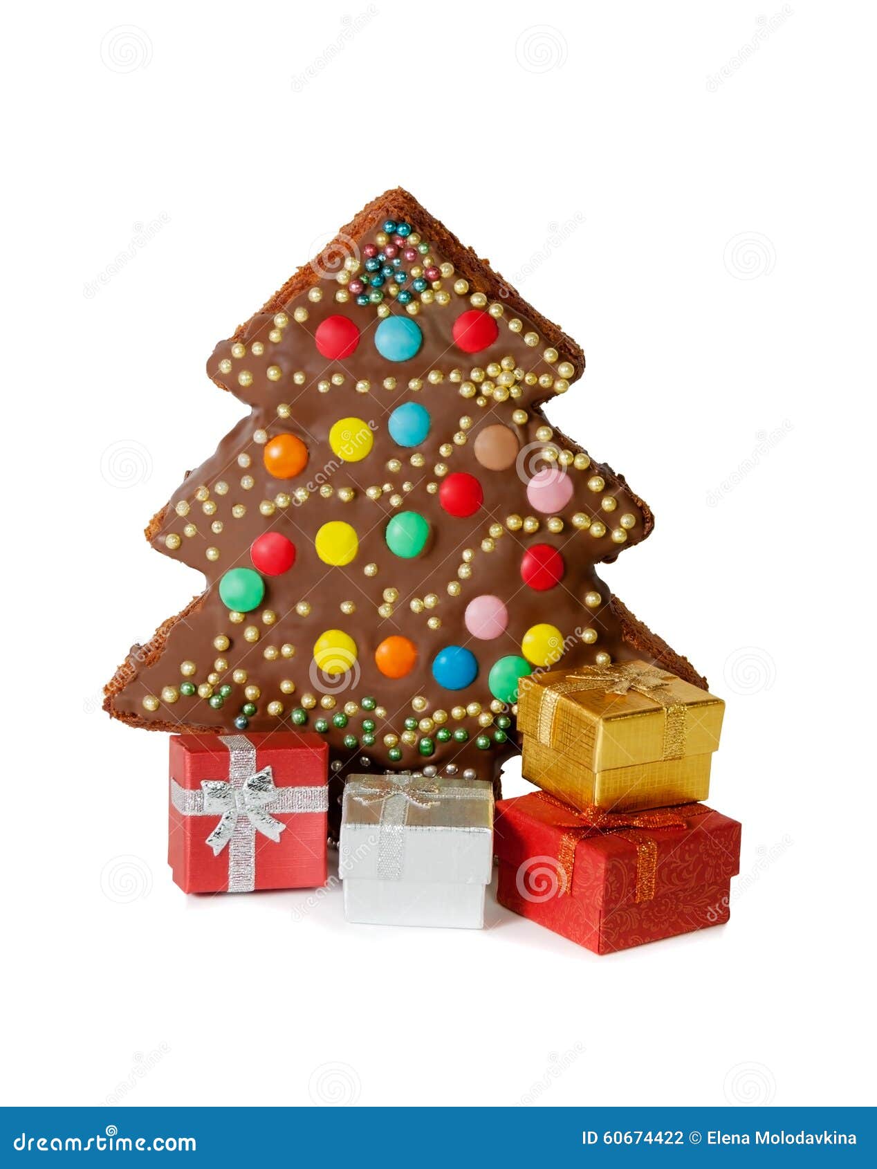 Homemade Cake in Shape of Christmas Tree and Gift Boxes Isolated Stock