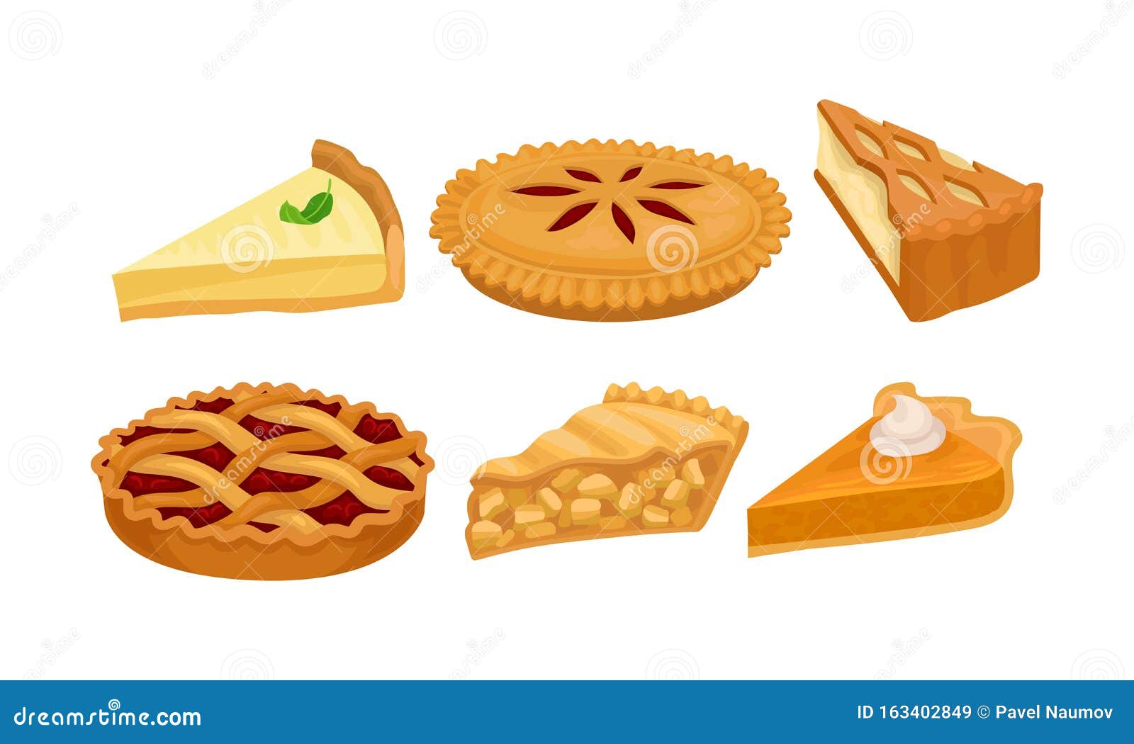 homemade cartoon pies and cakes with fruits and cream   set  on white background
