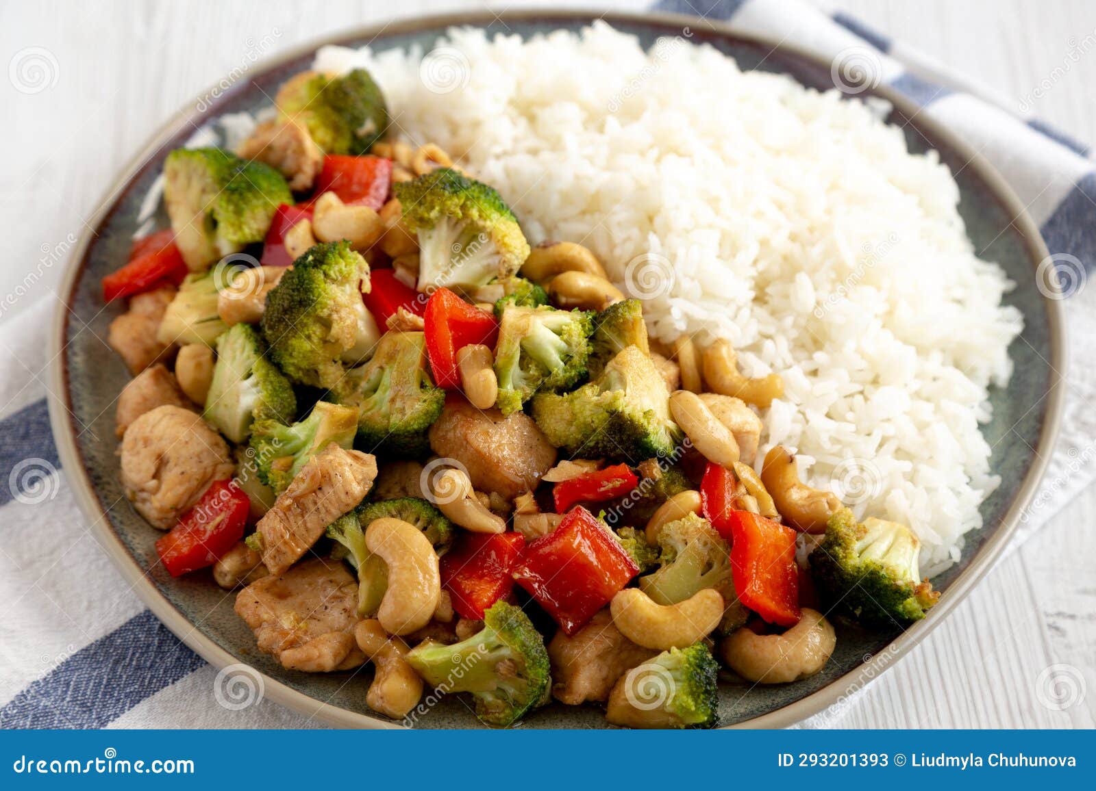 Homemade Cashew Chicken Stir-Fry on a Plate, Side View Stock Image