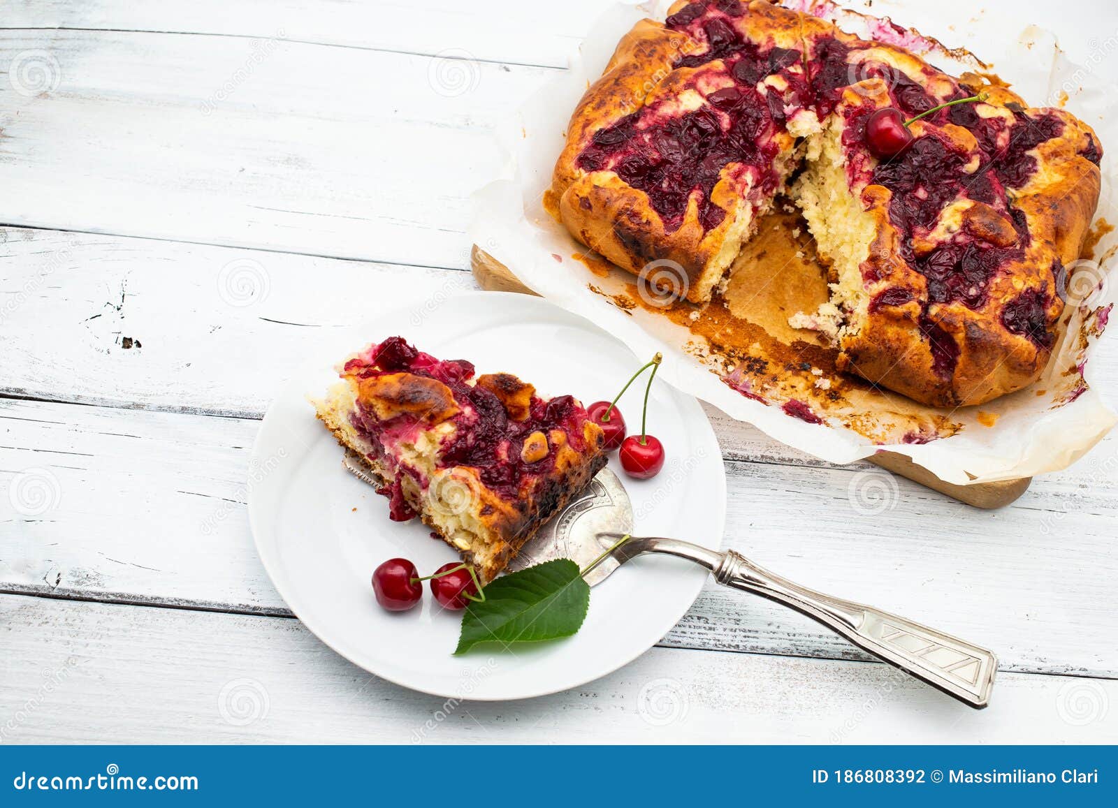 Homemade Cherry Pie on White Rustic Wood Background Stock Photo Image